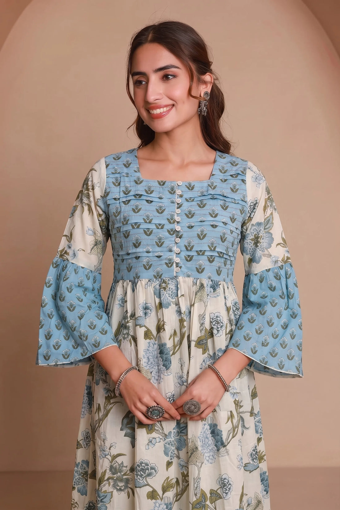 Blue Hand Printed Floral Midi Dress with Square Neck