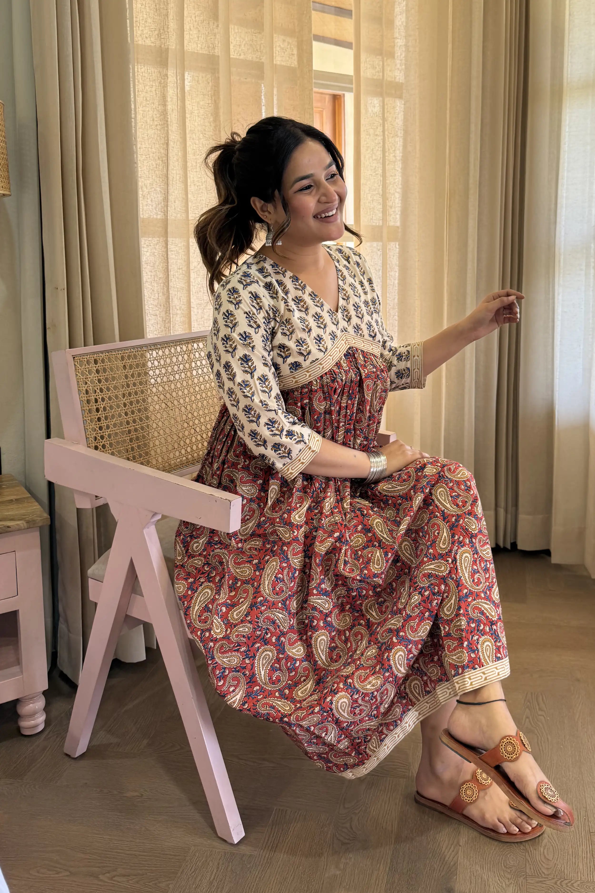 Red Hand Block Printed Flared Kurti Dress