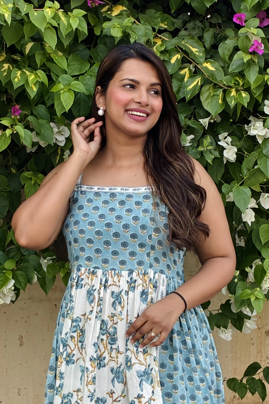 Sea Green Hand Block Floral Printed Sleeveless Tiered Midi Dress