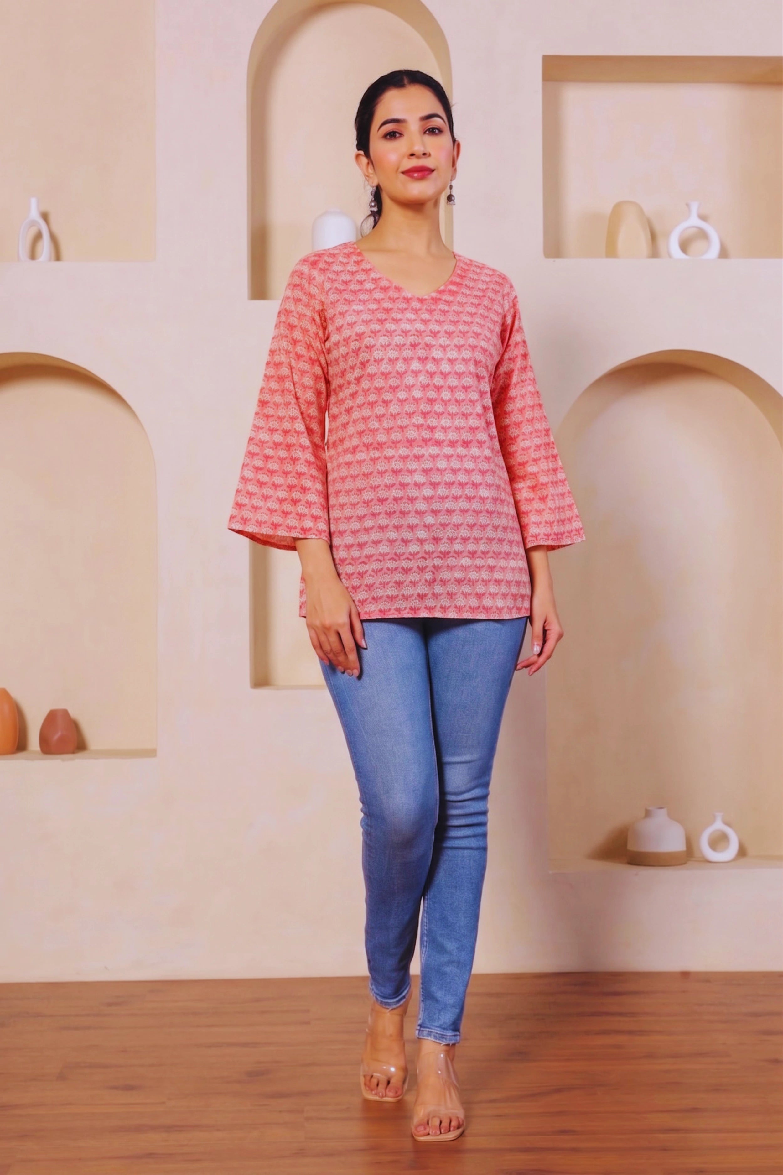 Light Pink Hand Block Printed Short Kurti