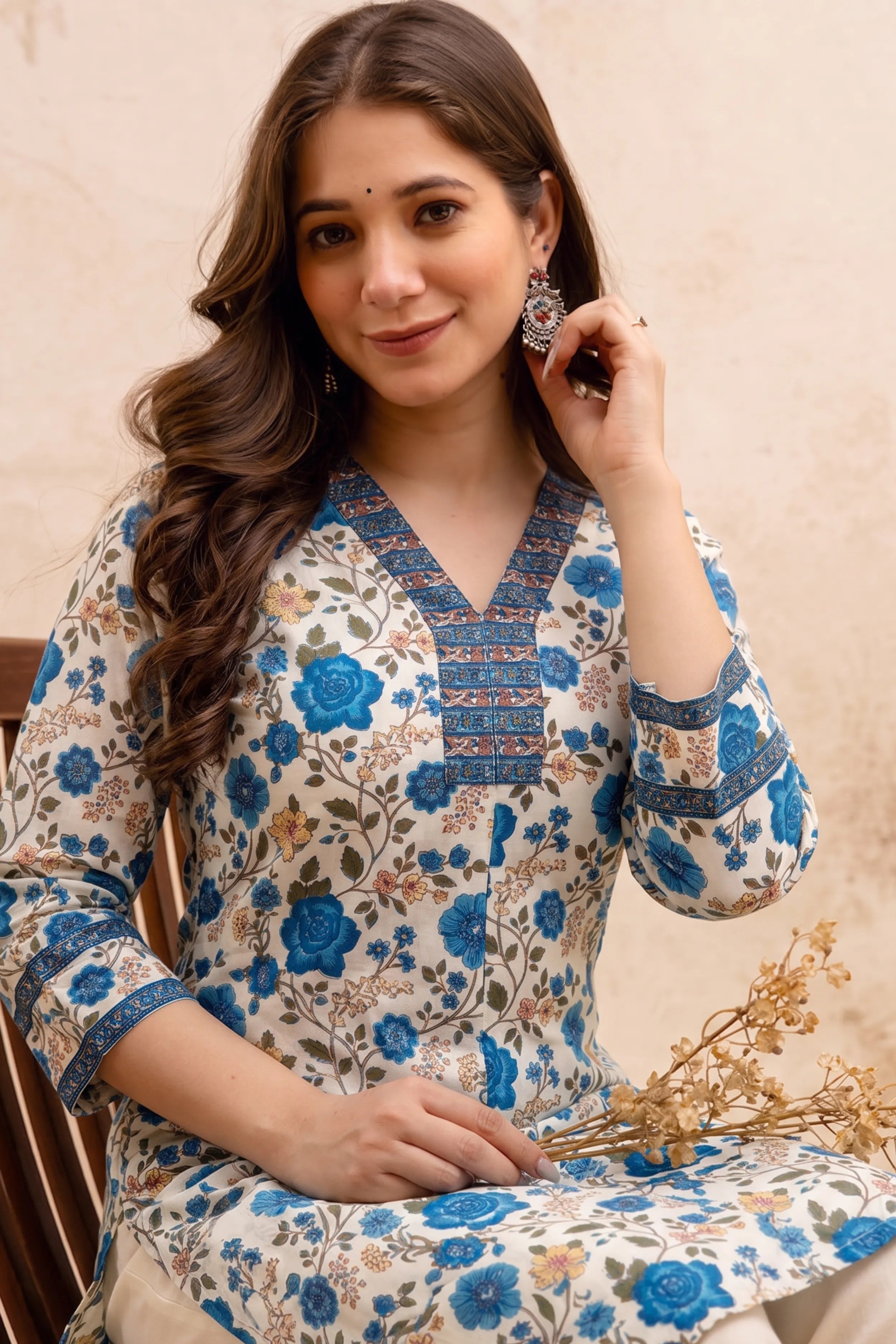 Blue Floral V-Neck Hand Printed Straight Kurta