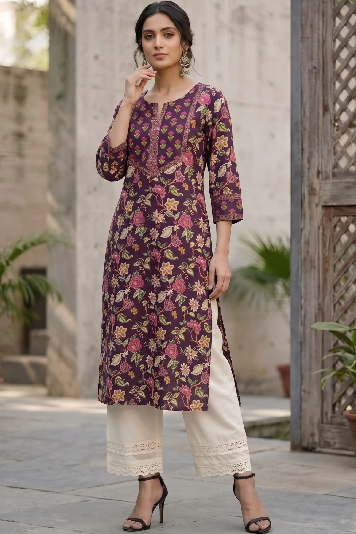 Burgundy Hand Printed Straight cotton Kurta