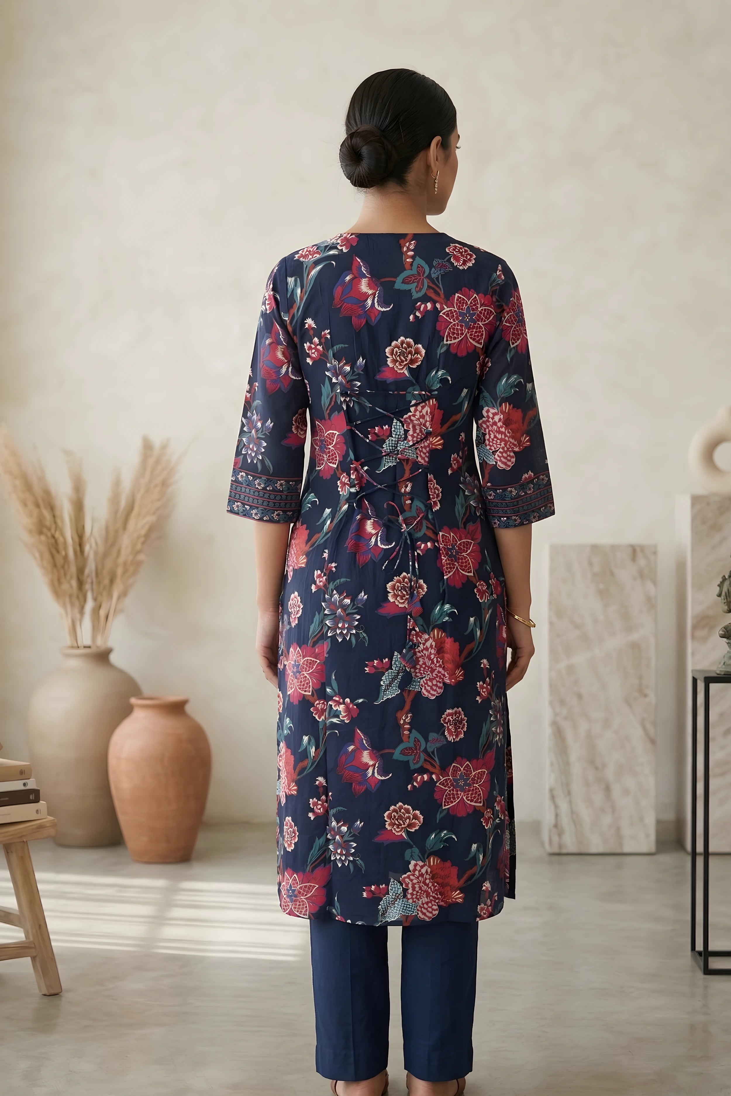 Blue Floral Hand Printed Corset Back Straight Kurta