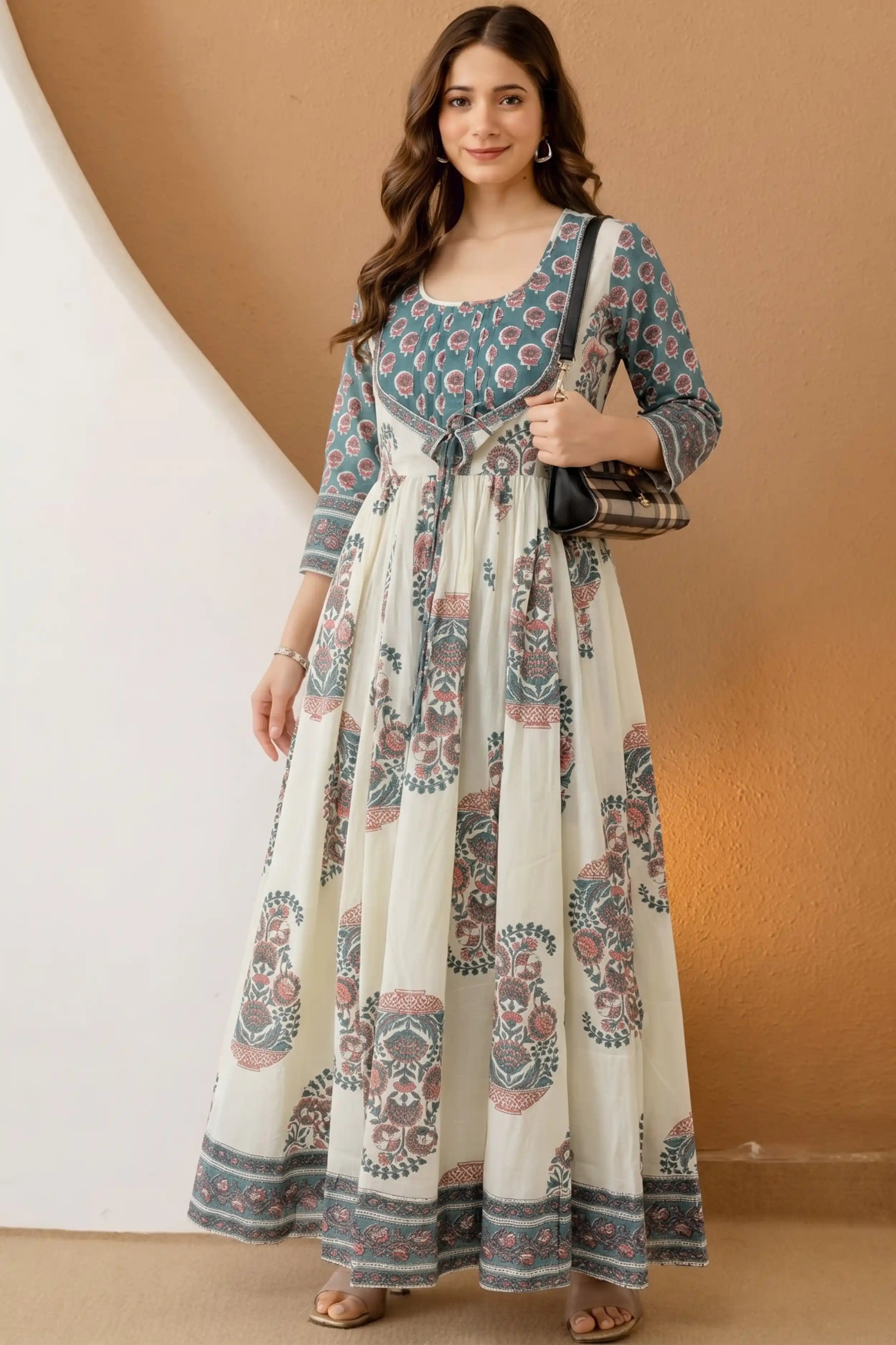 Sea Green Hand Block Floral Printed Anarkali Maxi Dress