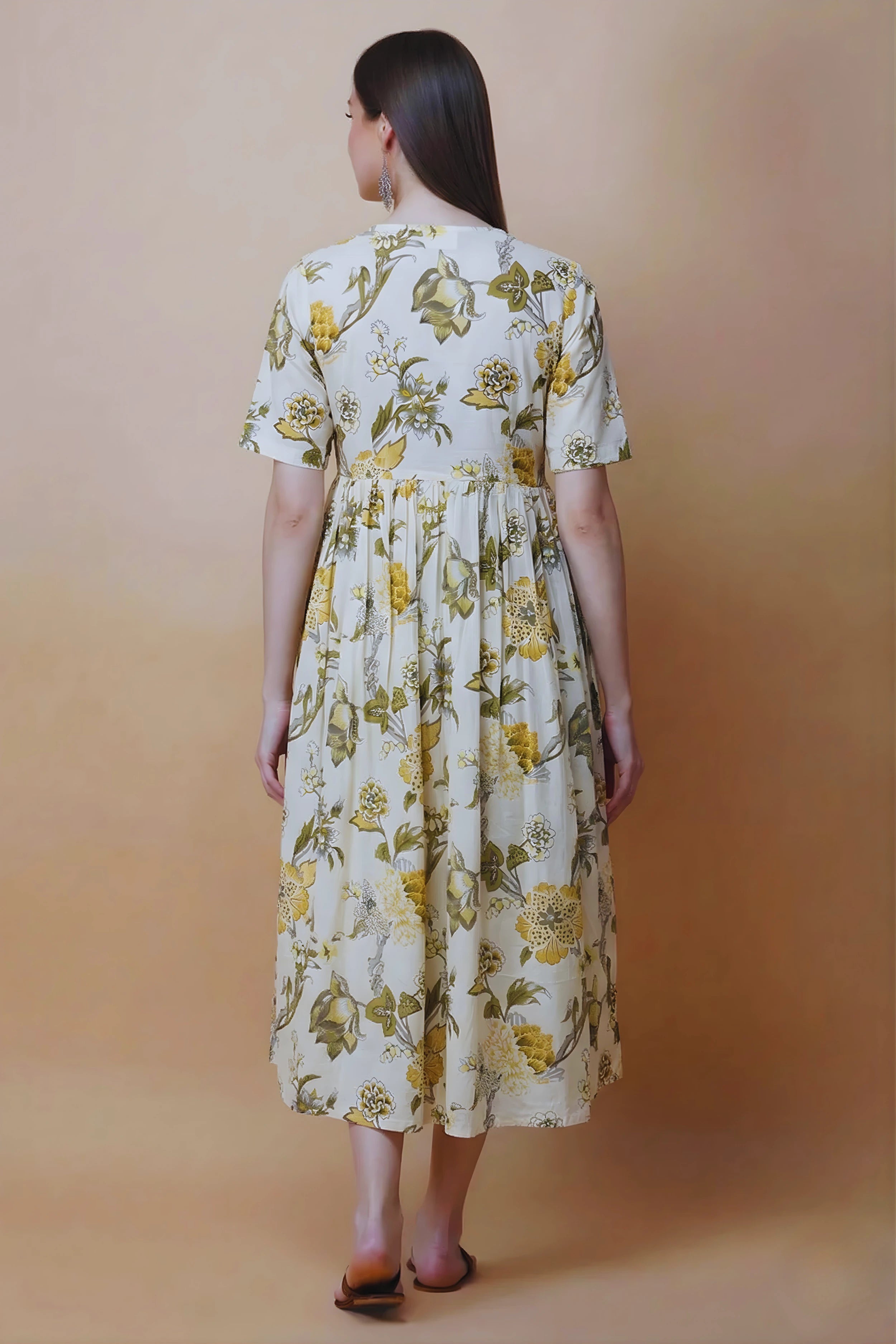 Yellow Hand Printed V-Neck Midi Dress In Angrakha style
