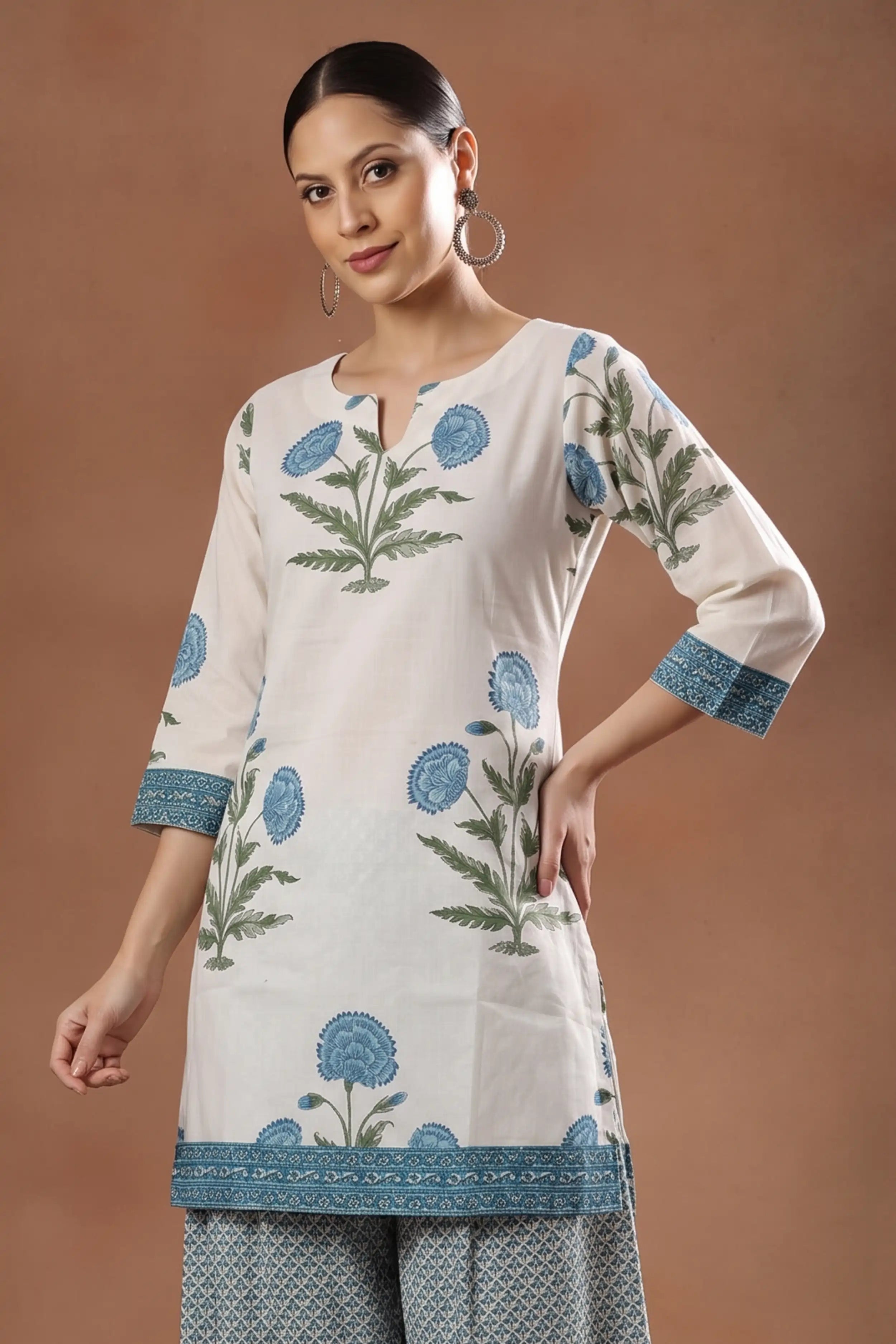 Sky Blue Floral Print Pure Cotton Farsi Salwar Set With Cotton Dupatta