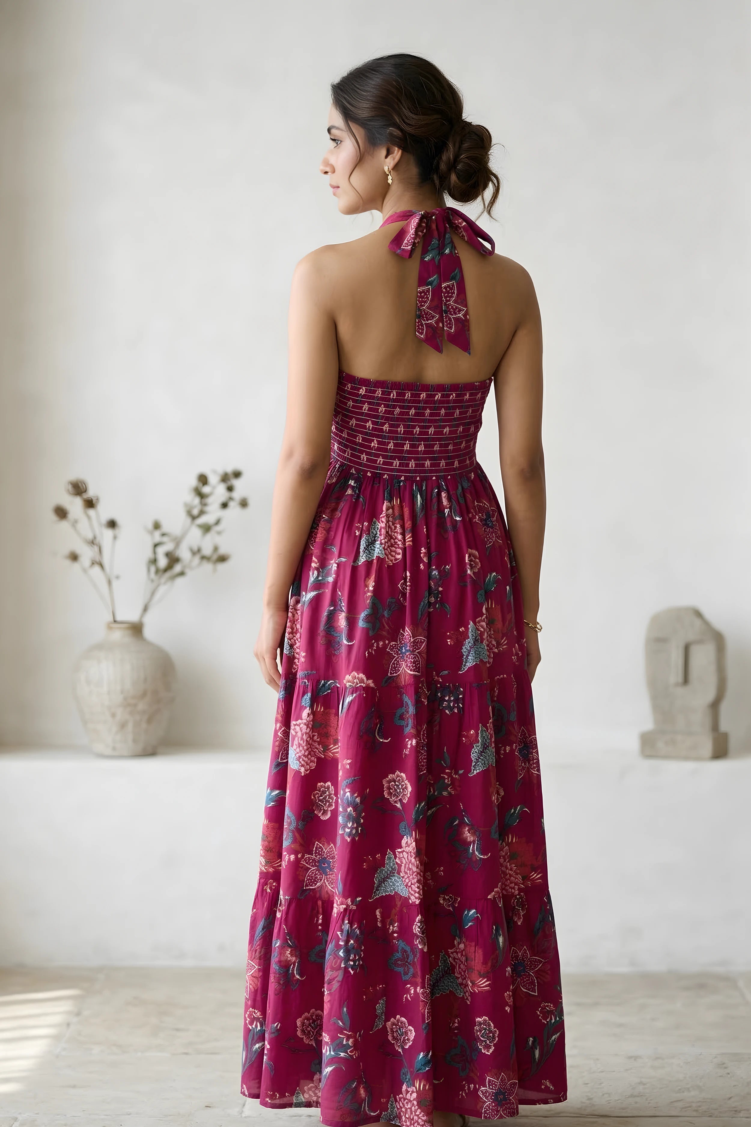 Pink Floral Hand Printed Halter Maxi Dress