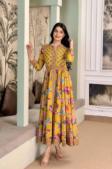 Mustard Anarkali Cotton Hand Block Printed Ethnic Maxi Dress