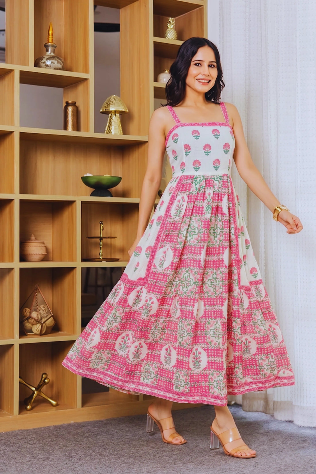 Light Pink Hand Block Floral Printed Sleeveless Tiered Midi Dress