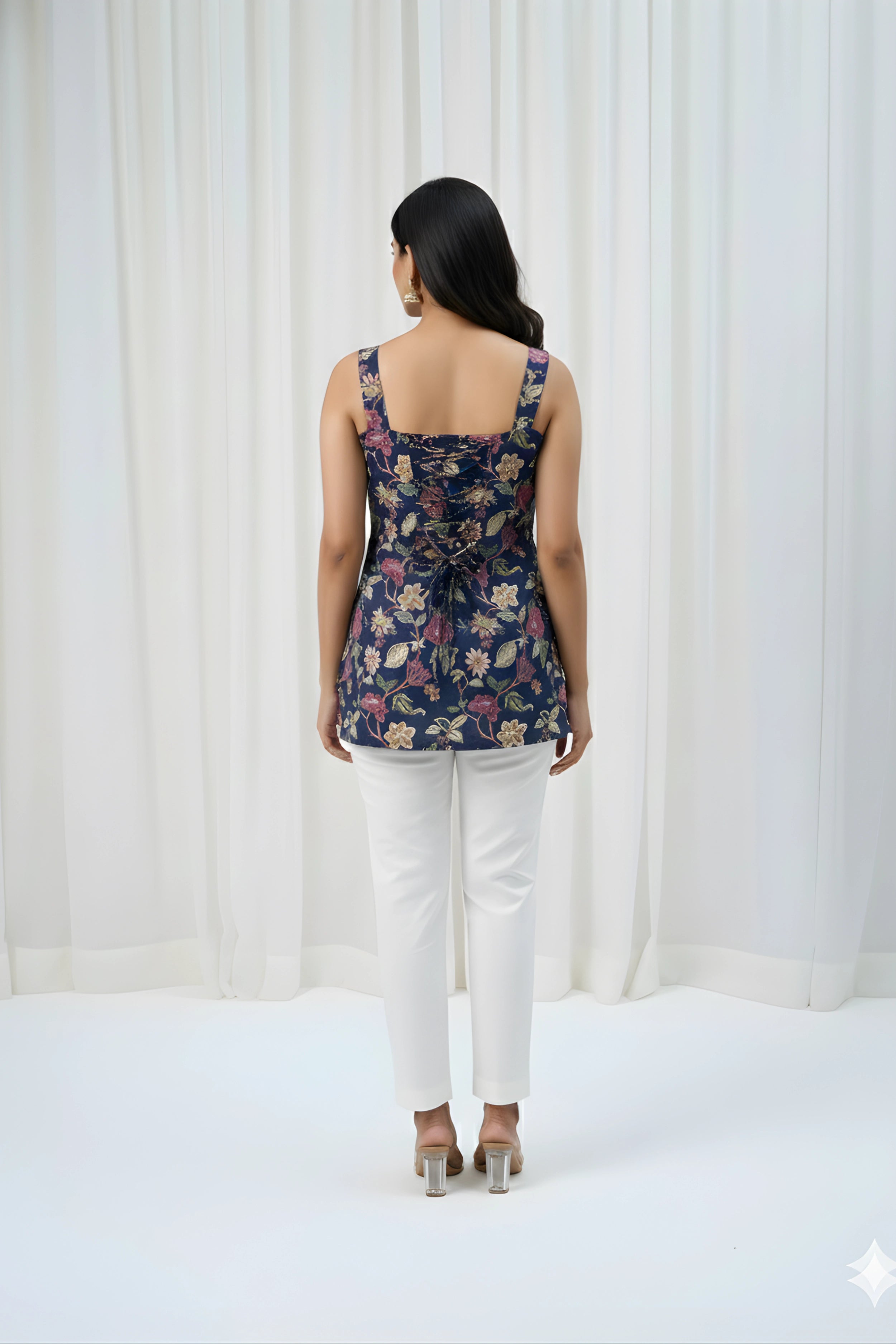 Blue Floral Hand Printed Corset Back Straight Top with linning