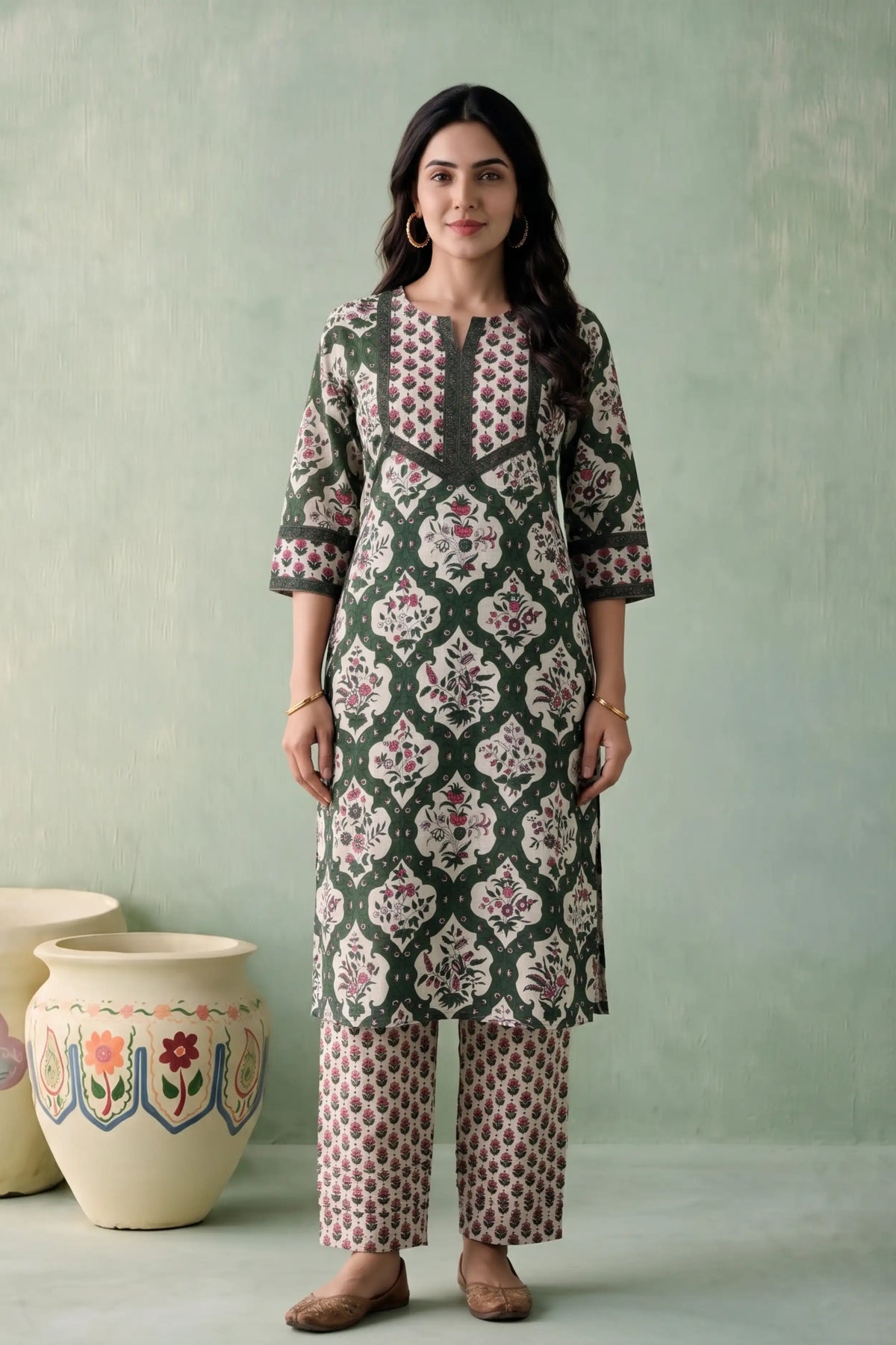 Green Floral Printed Cotton Flex Straight Kurta Set (Winter Special) – 2 PCS