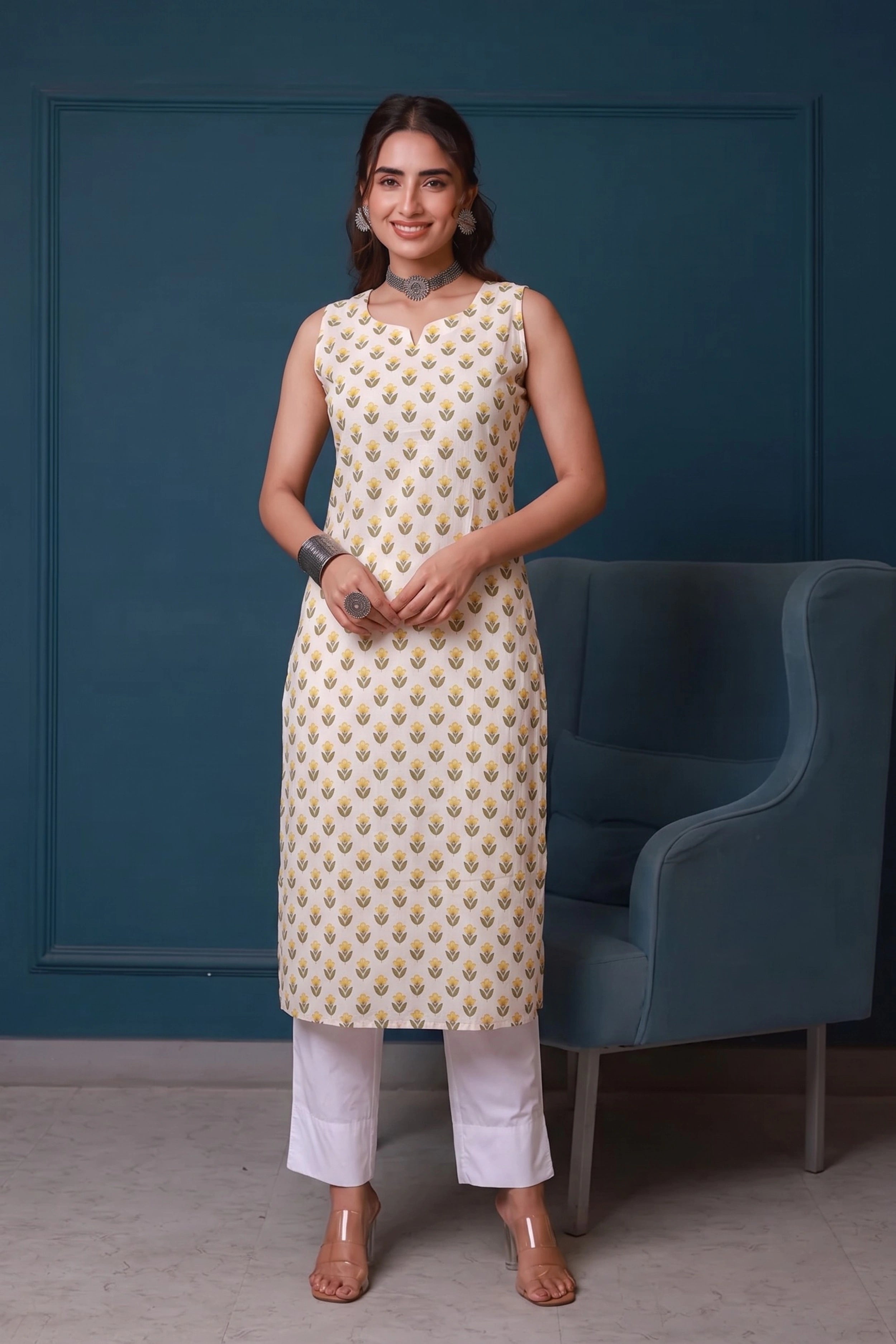 Yellow Hand Printed Sleeveless Straight Kurta
