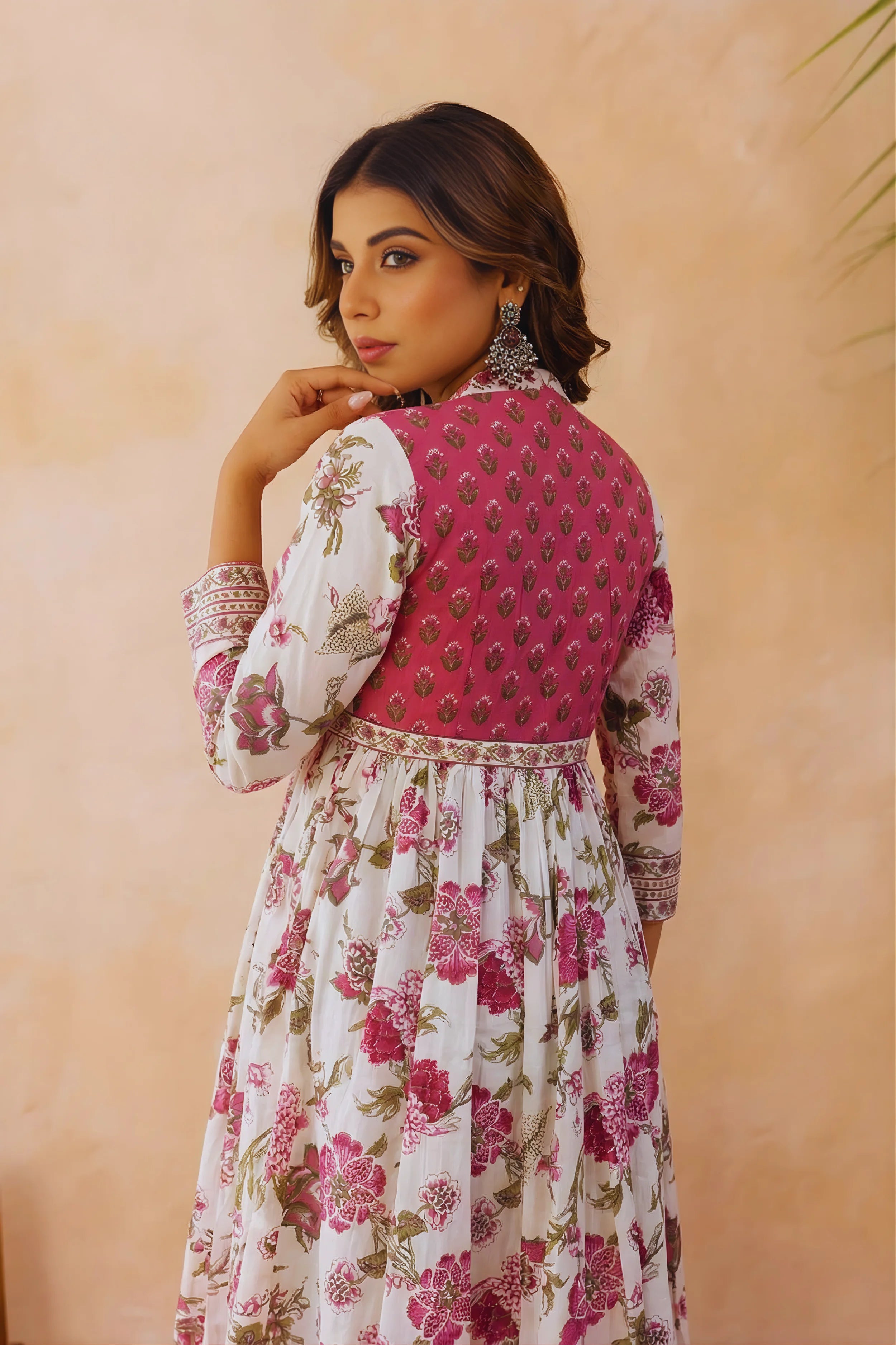 Pink Anarkali Cotton Hand Block Printed Ethnic Maxi Dress