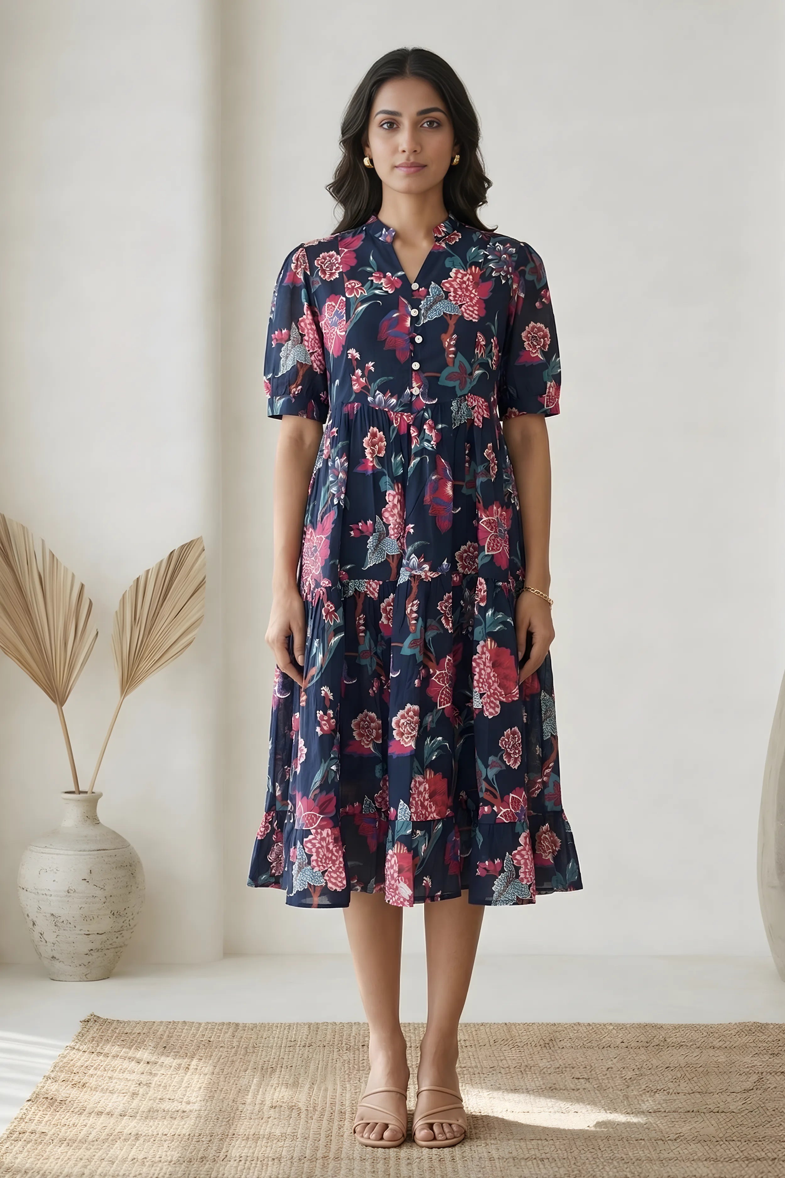 Blue Floral Printed Tiered Fit & Flare Cinderella Dress