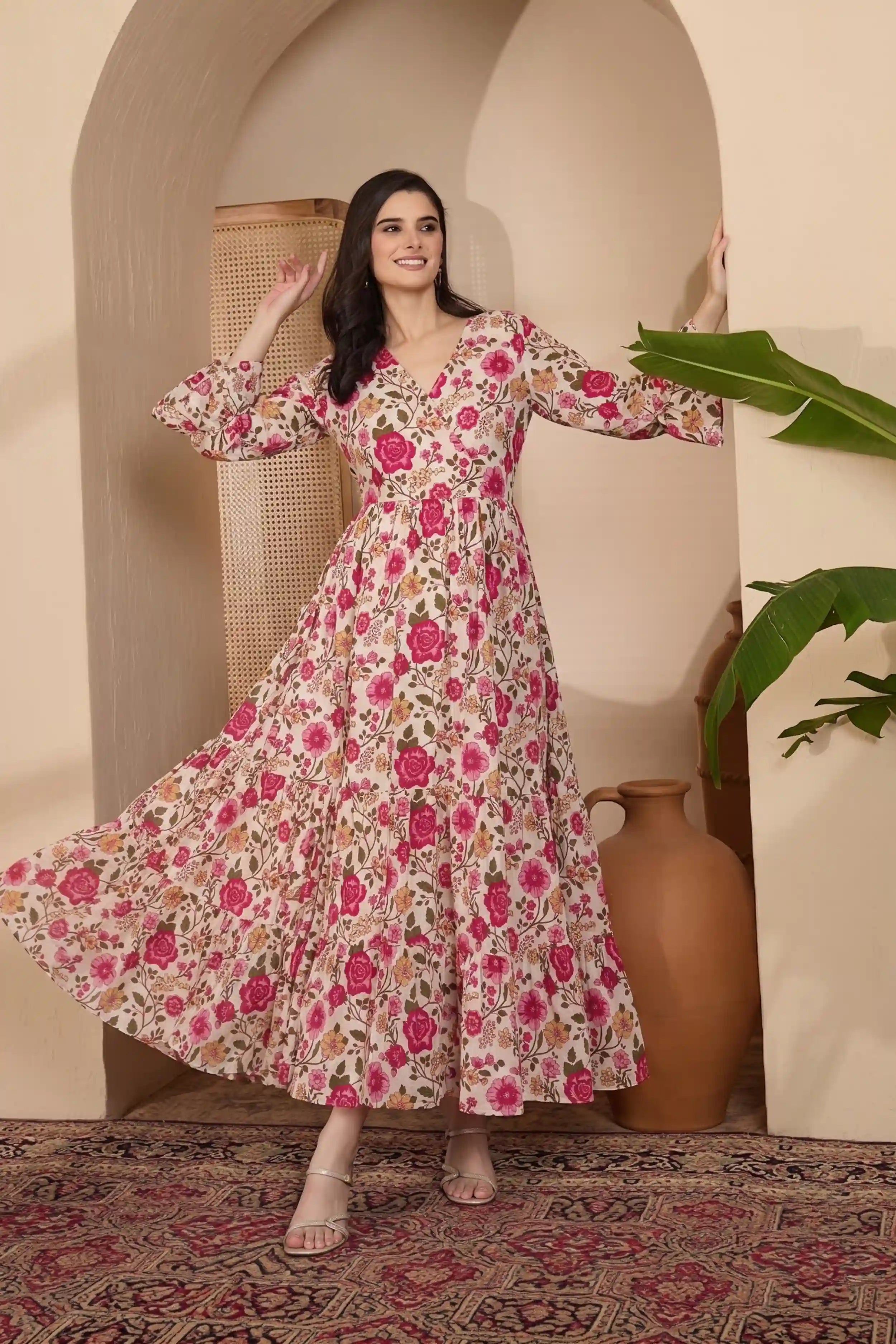 Pink Long Printed Tired Dress With Gather