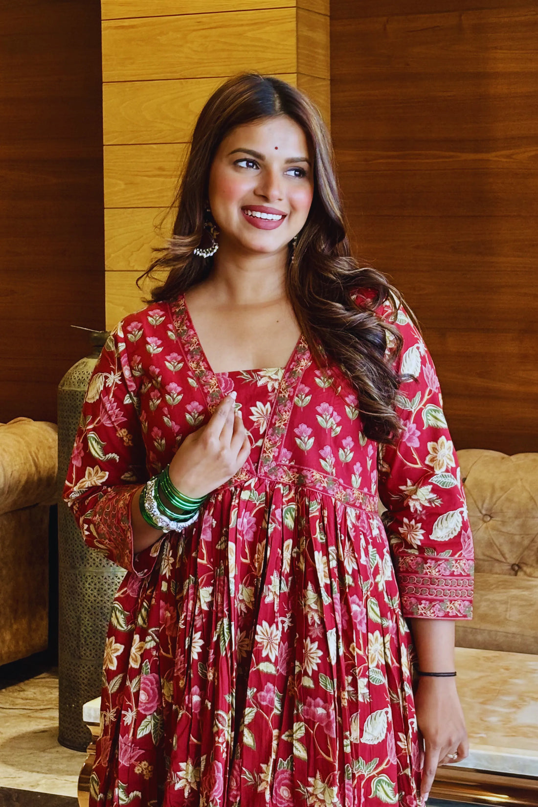 Wine Flared Anarkali Cotton Kurta with Floral Print