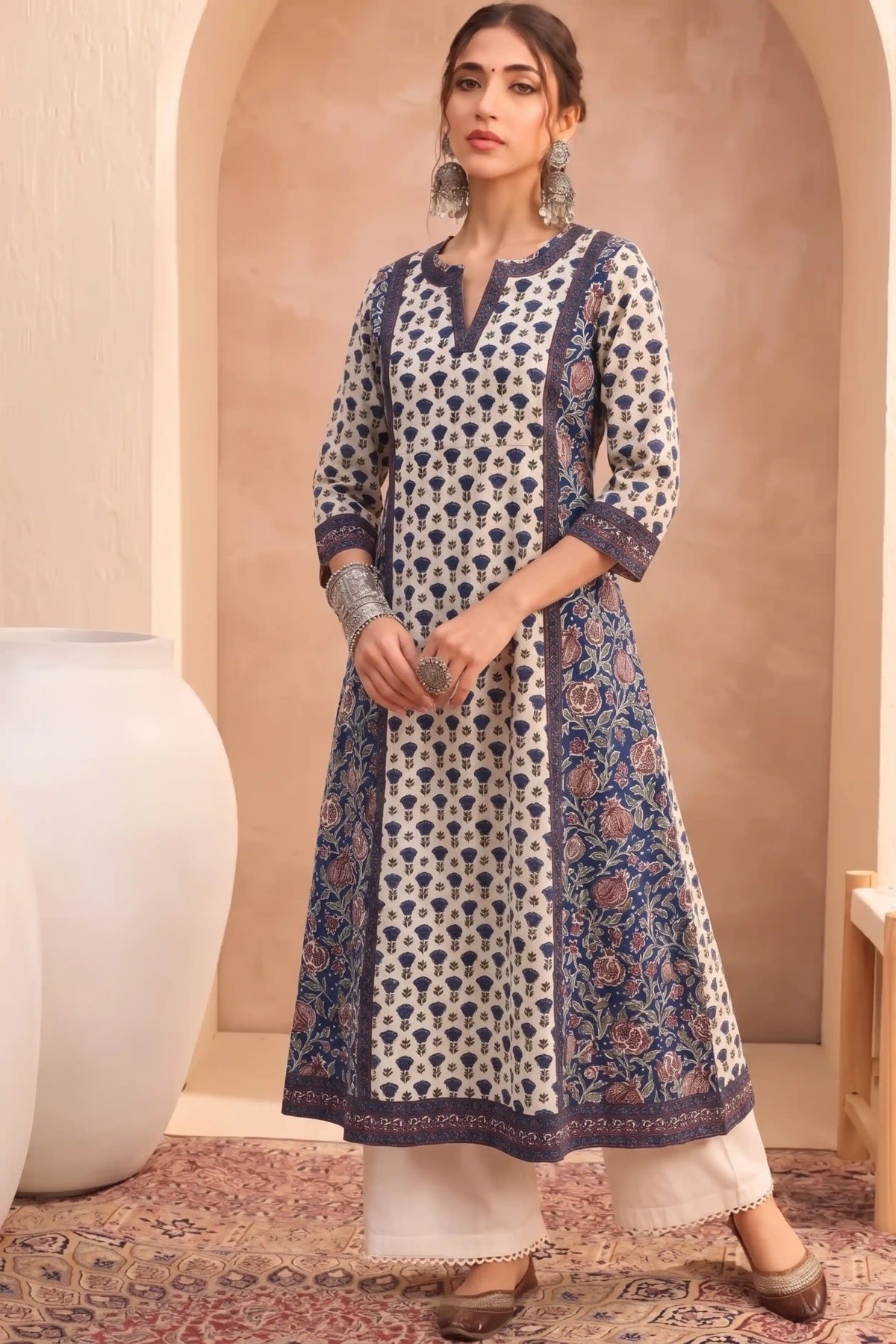 Midnight Blue Printed Winter Special Cotton Flex A-Line Kurta