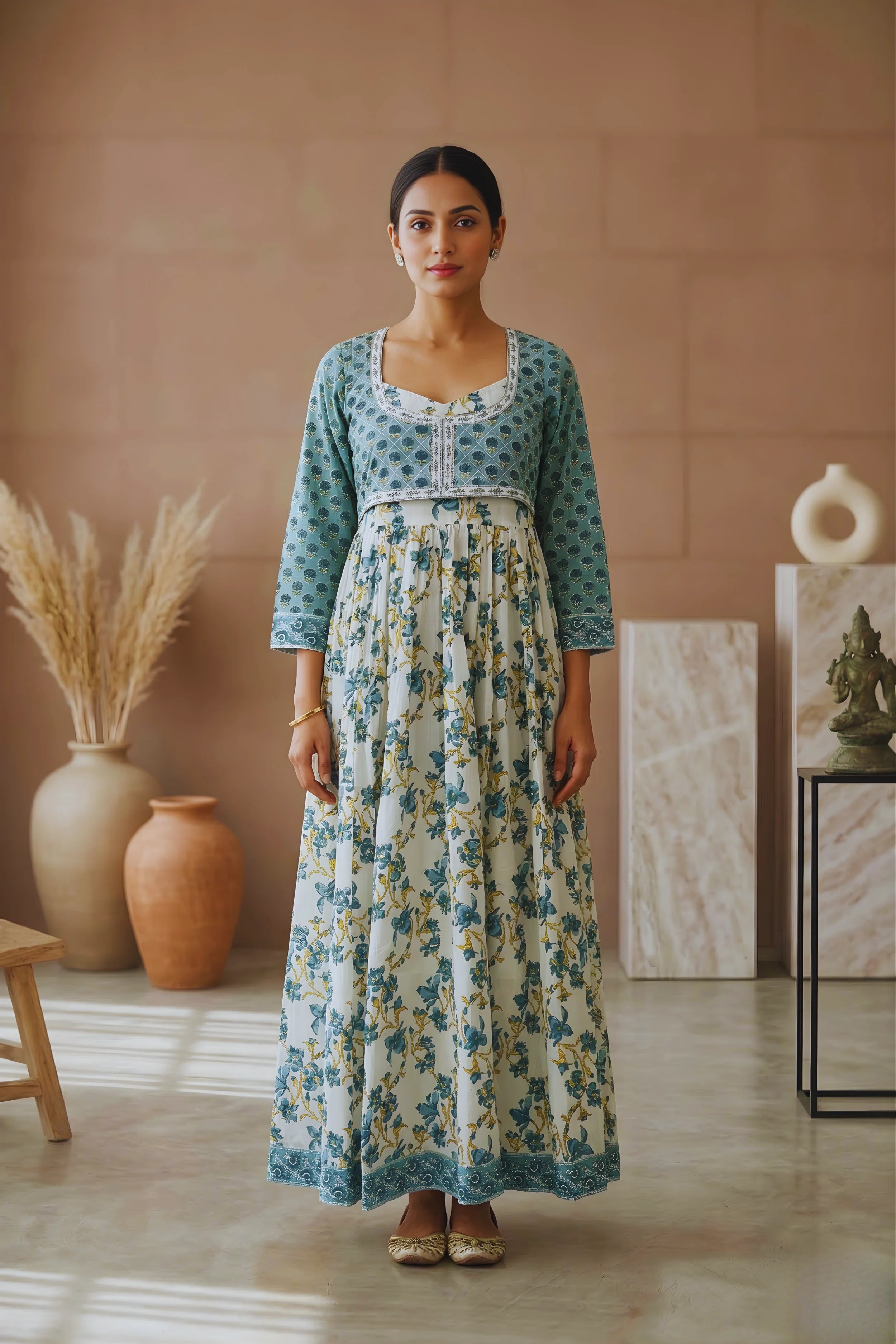 Sea Green Hand Block Floral Printed Anarkali Maxi Kurta