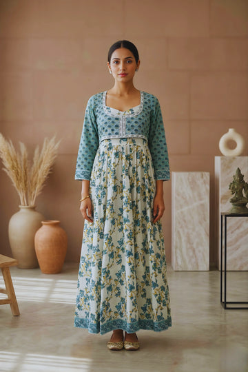 Sea Green Hand Block Floral Printed Anarkali Maxi Kurta