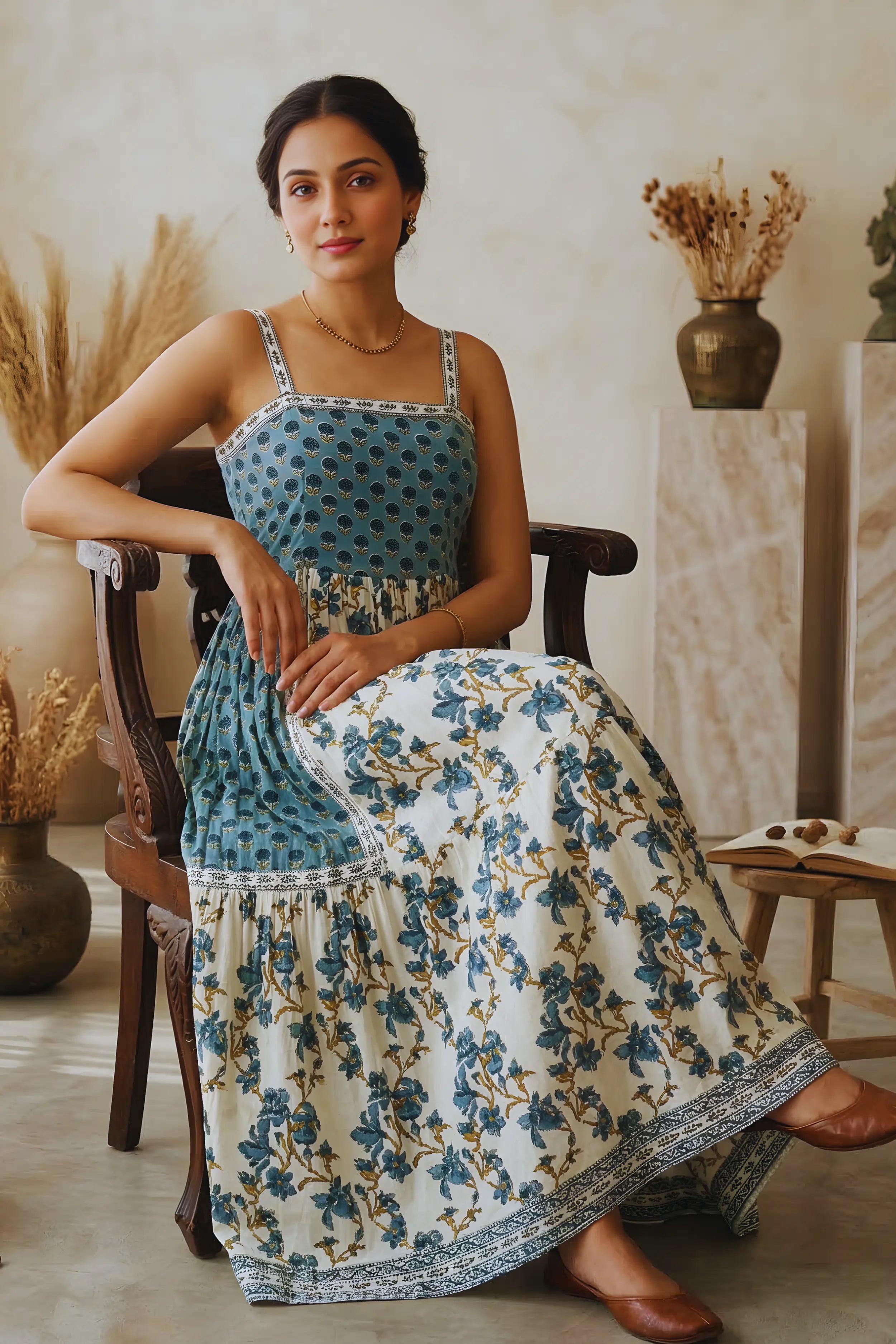 Sea Green Hand Block Floral Printed Sleeveless Tiered Midi Dress