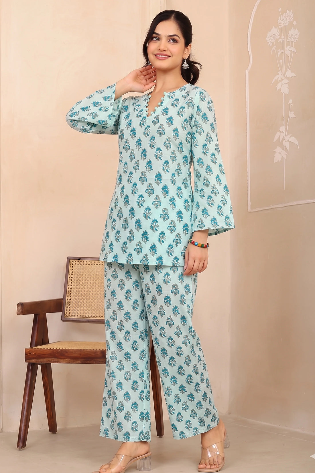 Aqua Blue Hand Block Printed Cotton Co-ord Set