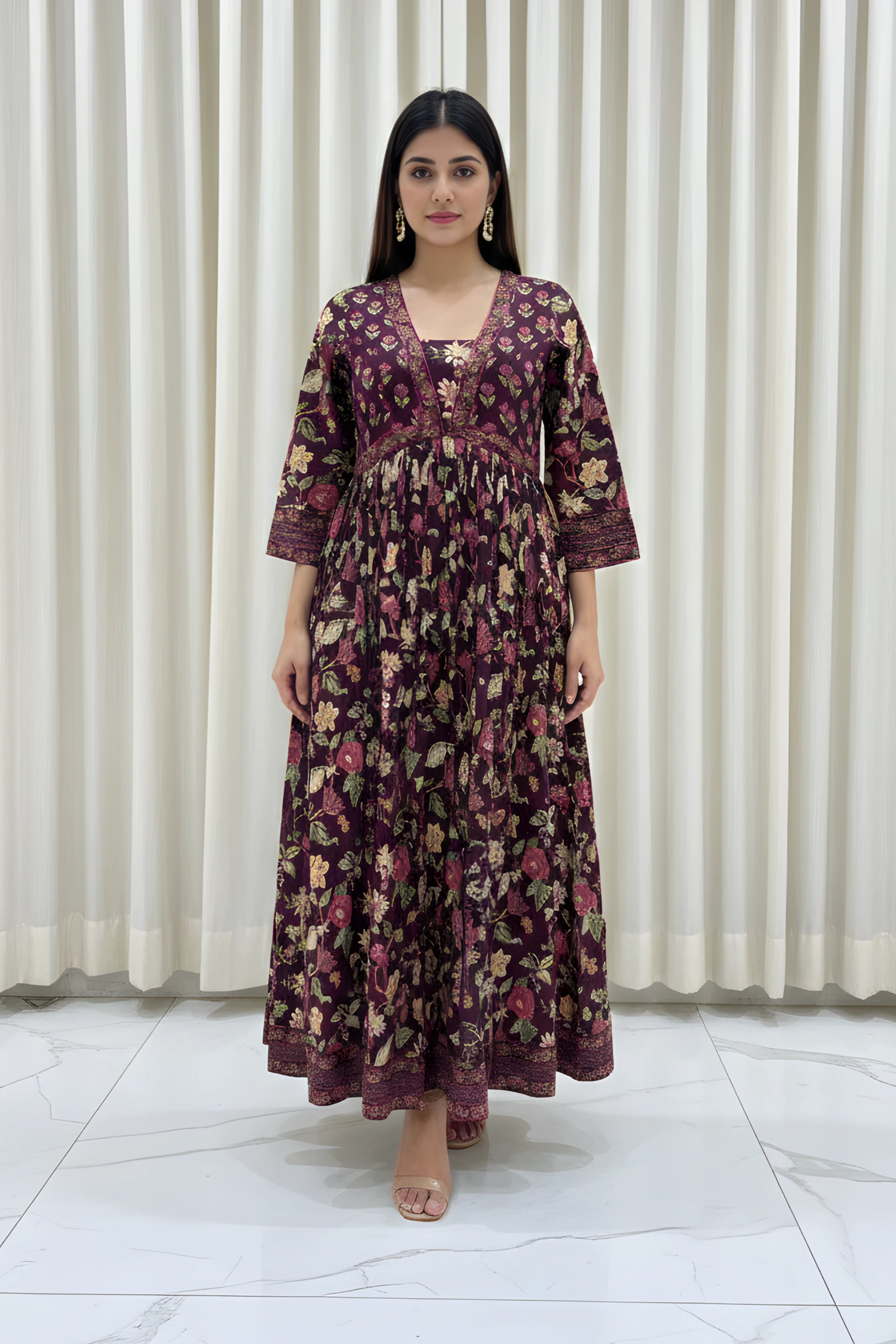 Burgundy Flared Anarkali Cotton Kurta with Floral Print