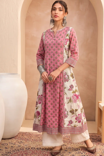 Light Pink Hand Printed A-line Kurta