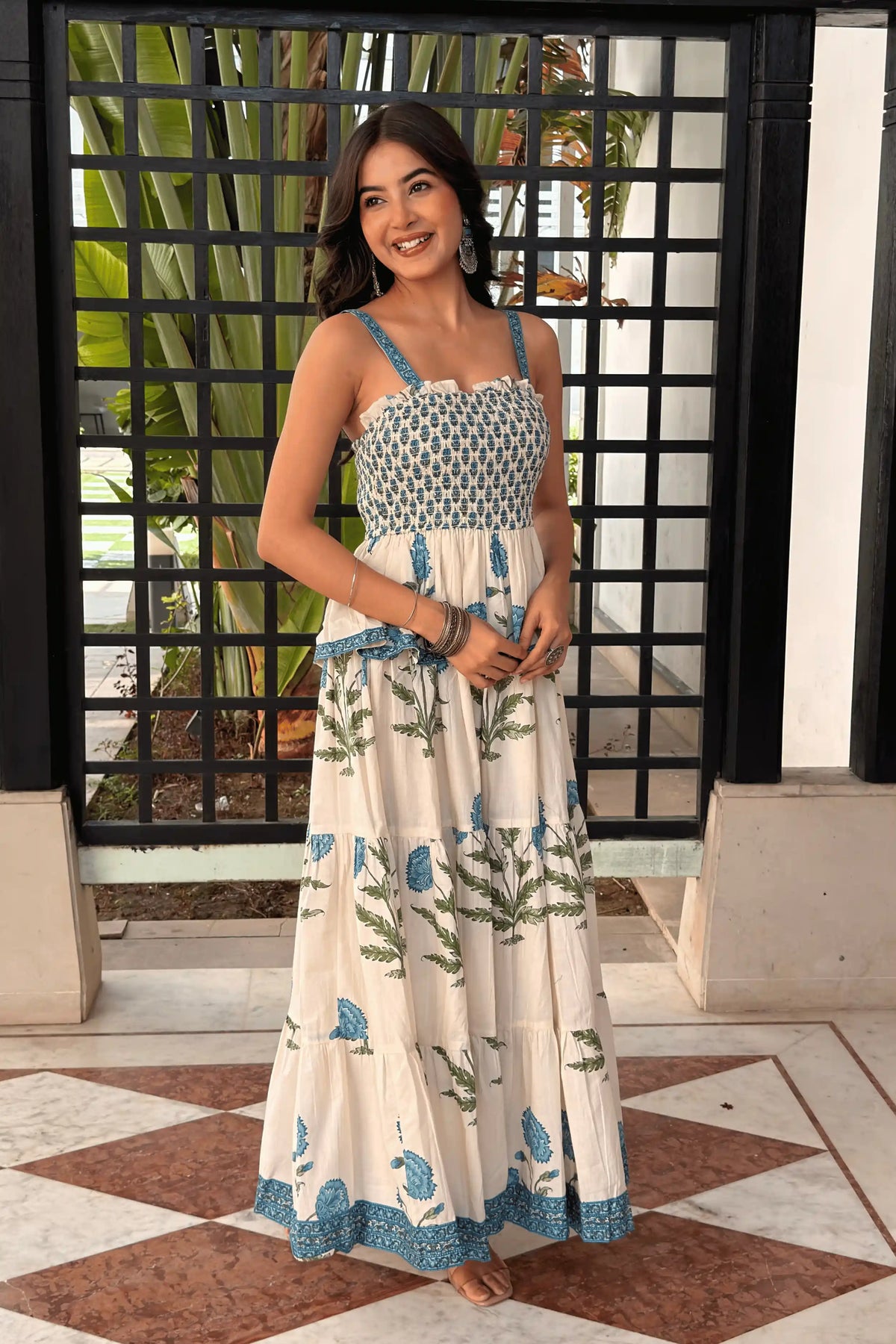 Ivory Blue Floral Hand Printed Square Neck Tiered Maxi Dress