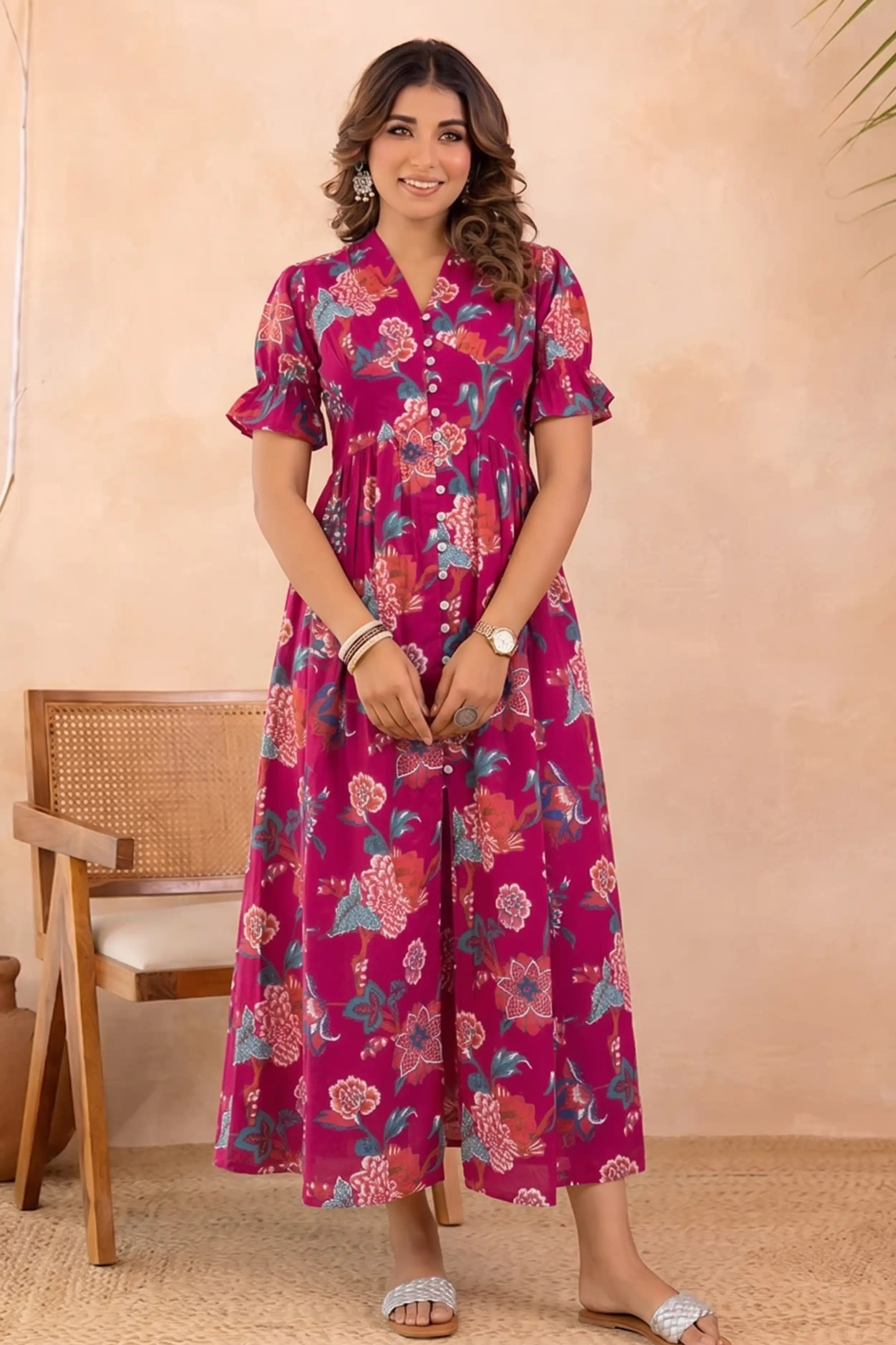 Pink Hand Printed V-Neck Front-Open Long Dress