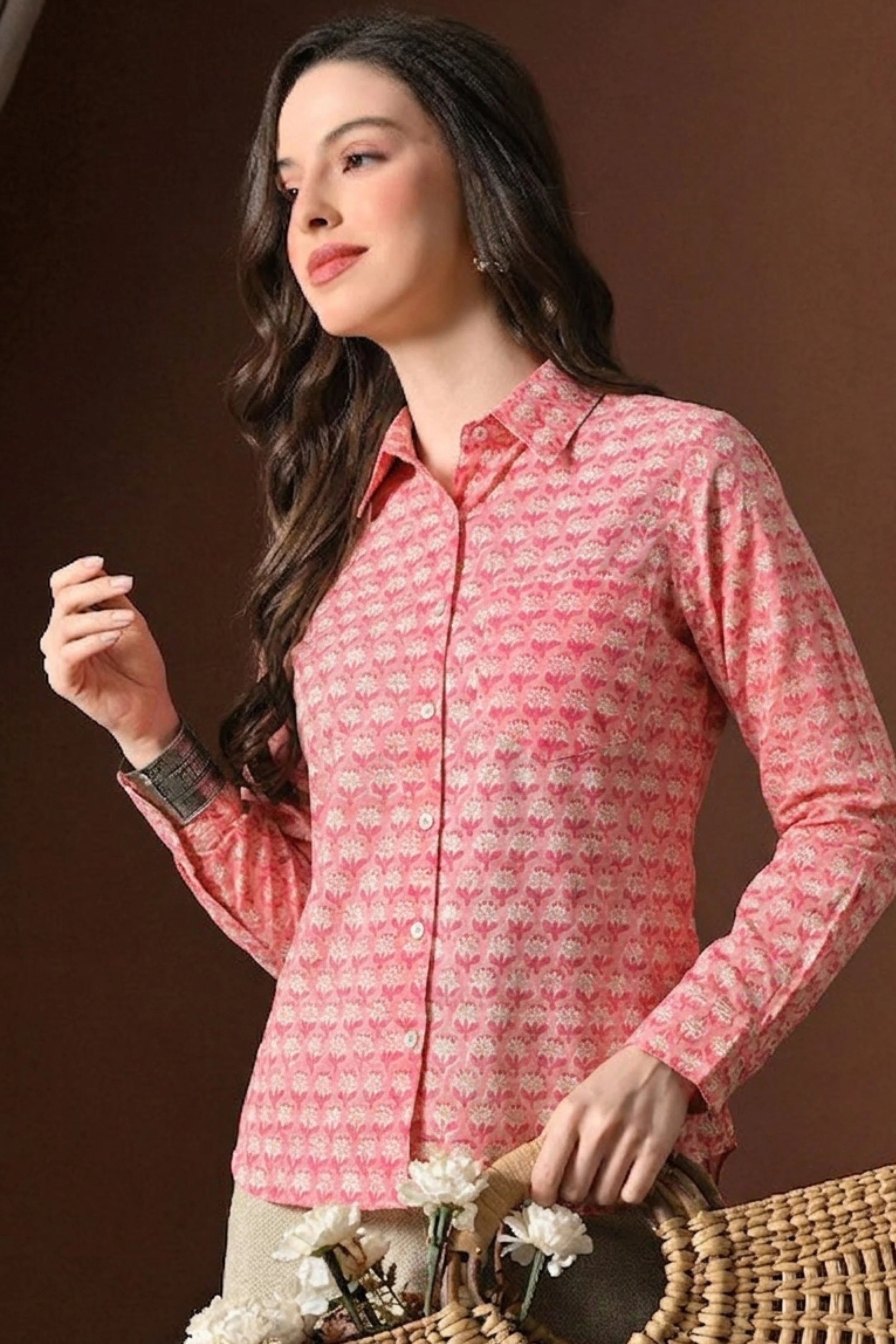 Coral Pink Hand Block Printed Collared Shirt