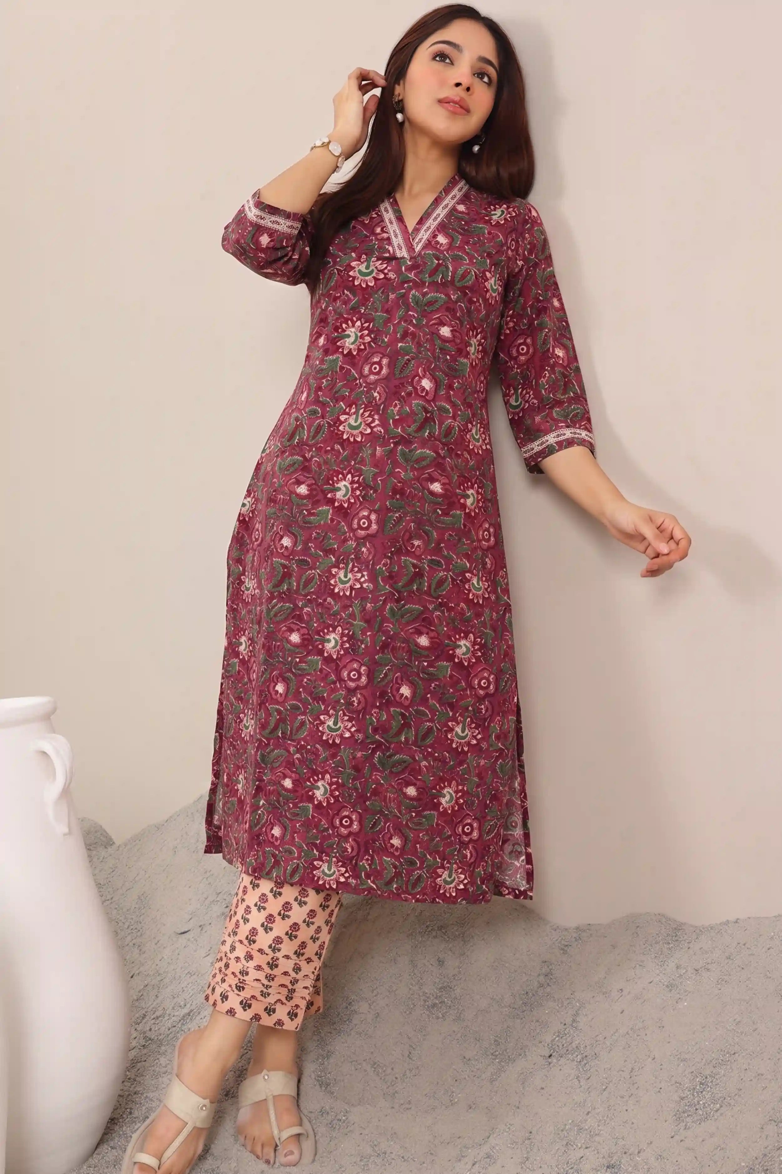 Maroon Hand Block Printed Straight Cotton Kurta Pant Set (2 Pcs)