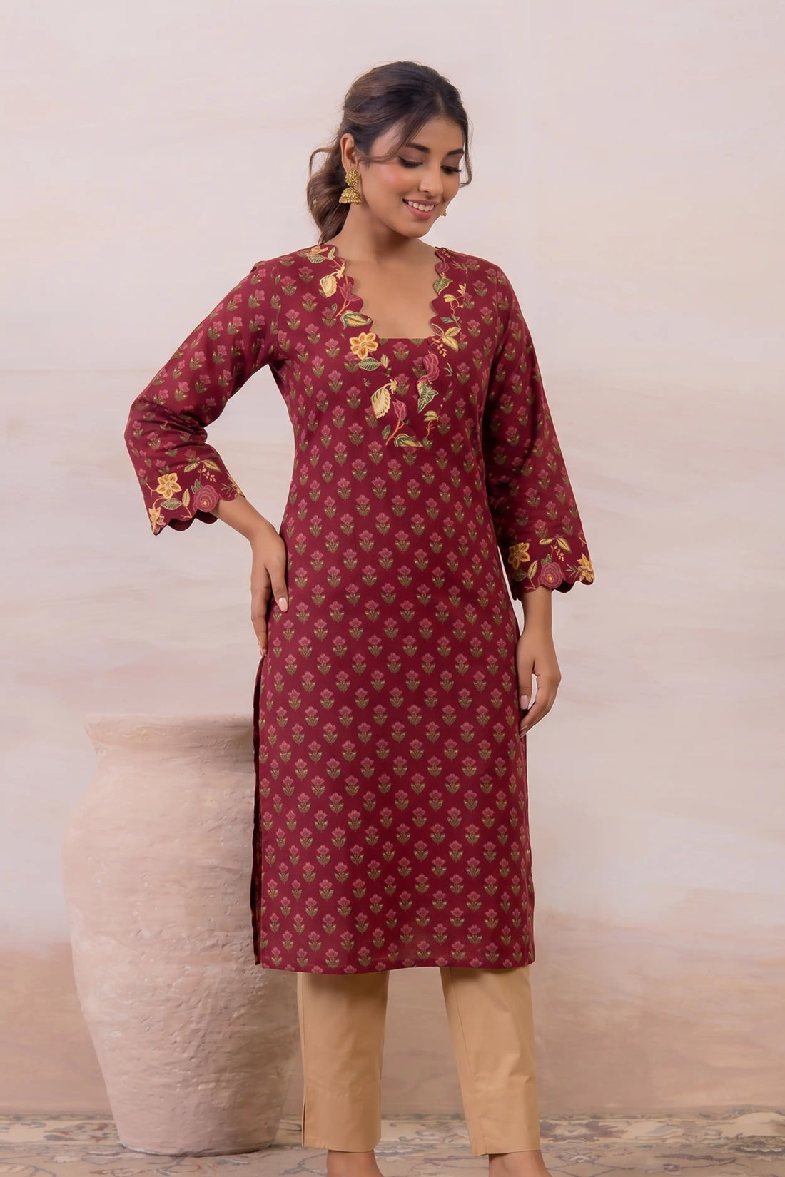 Wine Floral Printed Cotton Straight Kurta