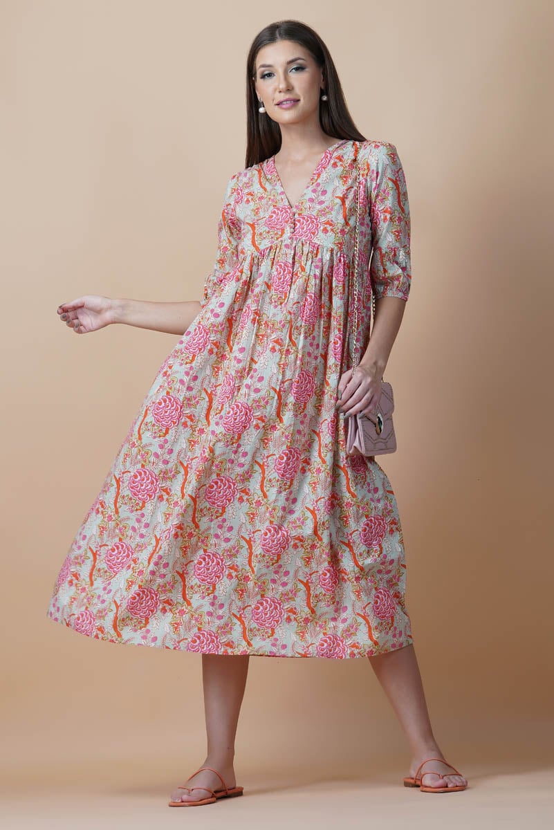 Green Floral Block Printed V-Neck Dress With Flared Hem & Pleated Sleeves