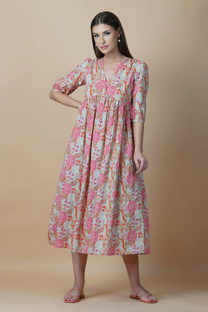 Green Floral Block Printed V-Neck Dress With Flared Hem & Pleated Sleeves