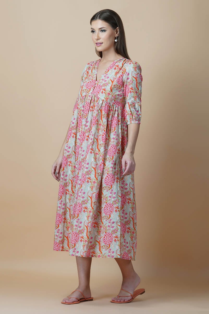 Green Floral Block Printed V-Neck Dress With Flared Hem & Pleated Sleeves