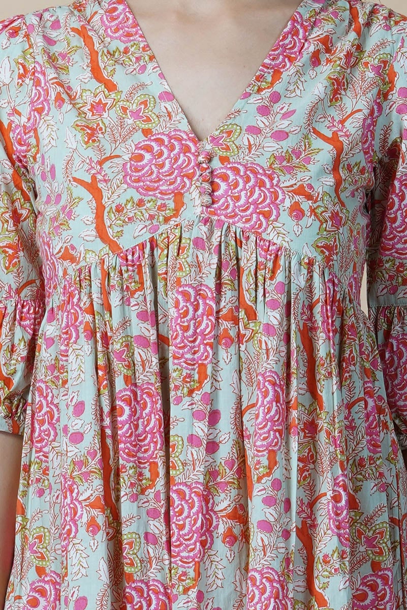 Green Floral Block Printed V-Neck Dress With Flared Hem & Pleated Sleeves