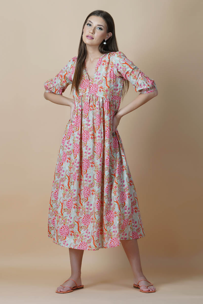 Green Floral Block Printed V-Neck Dress With Flared Hem & Pleated Sleeves