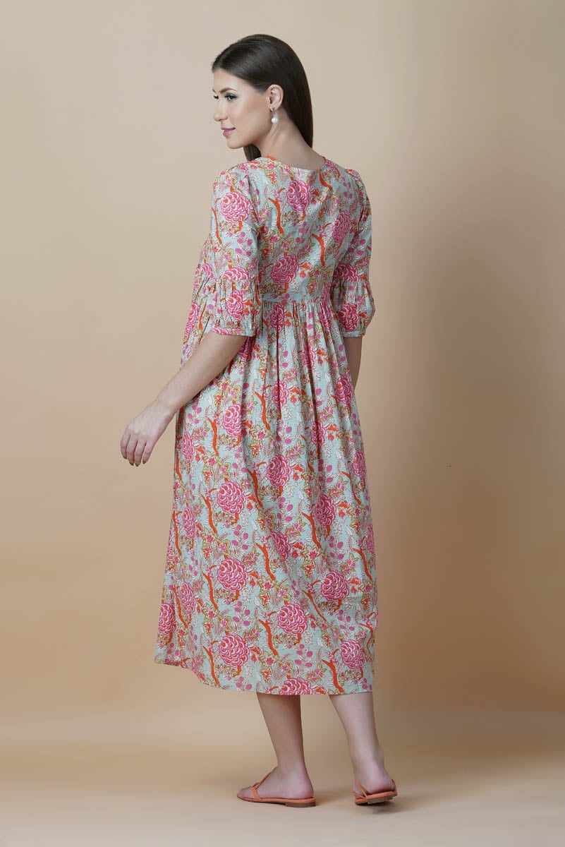 Green Floral Block Printed V-Neck Dress With Flared Hem & Pleated Sleeves