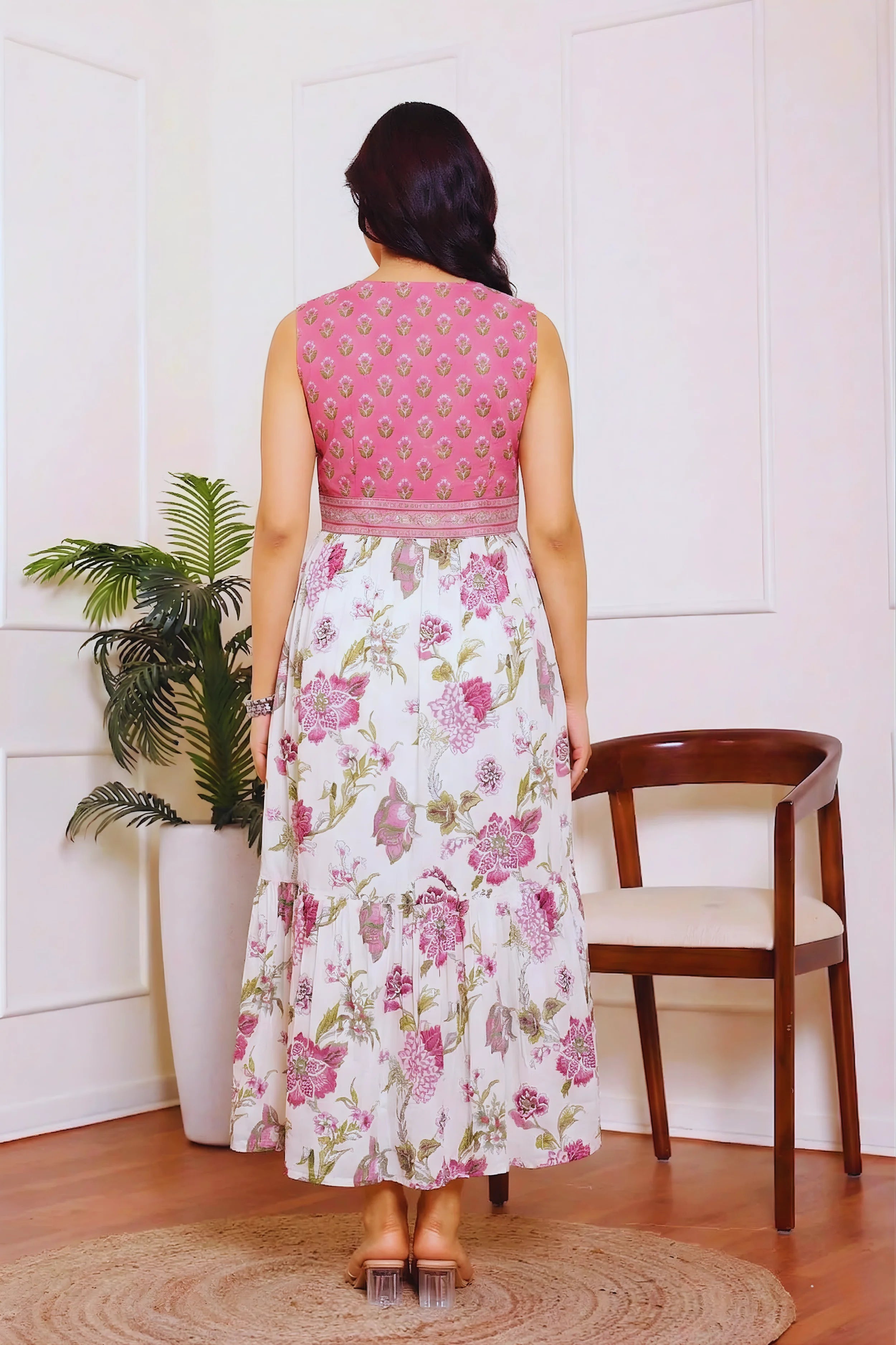 Light Pink Floral Hand Printed Cotton Sleeveless Dress