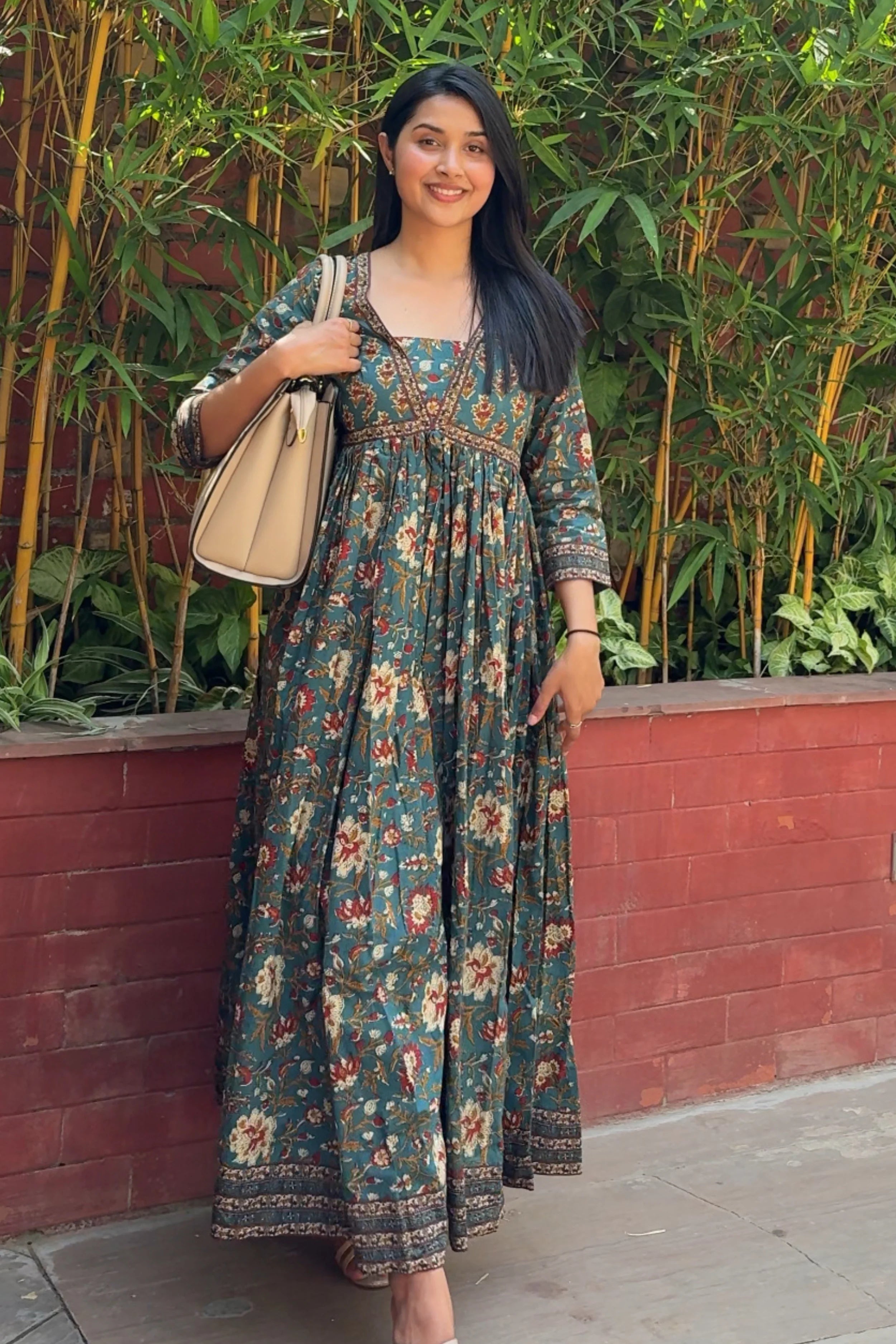 Green Flared Anarkali Cotton Kurta with Floral Print