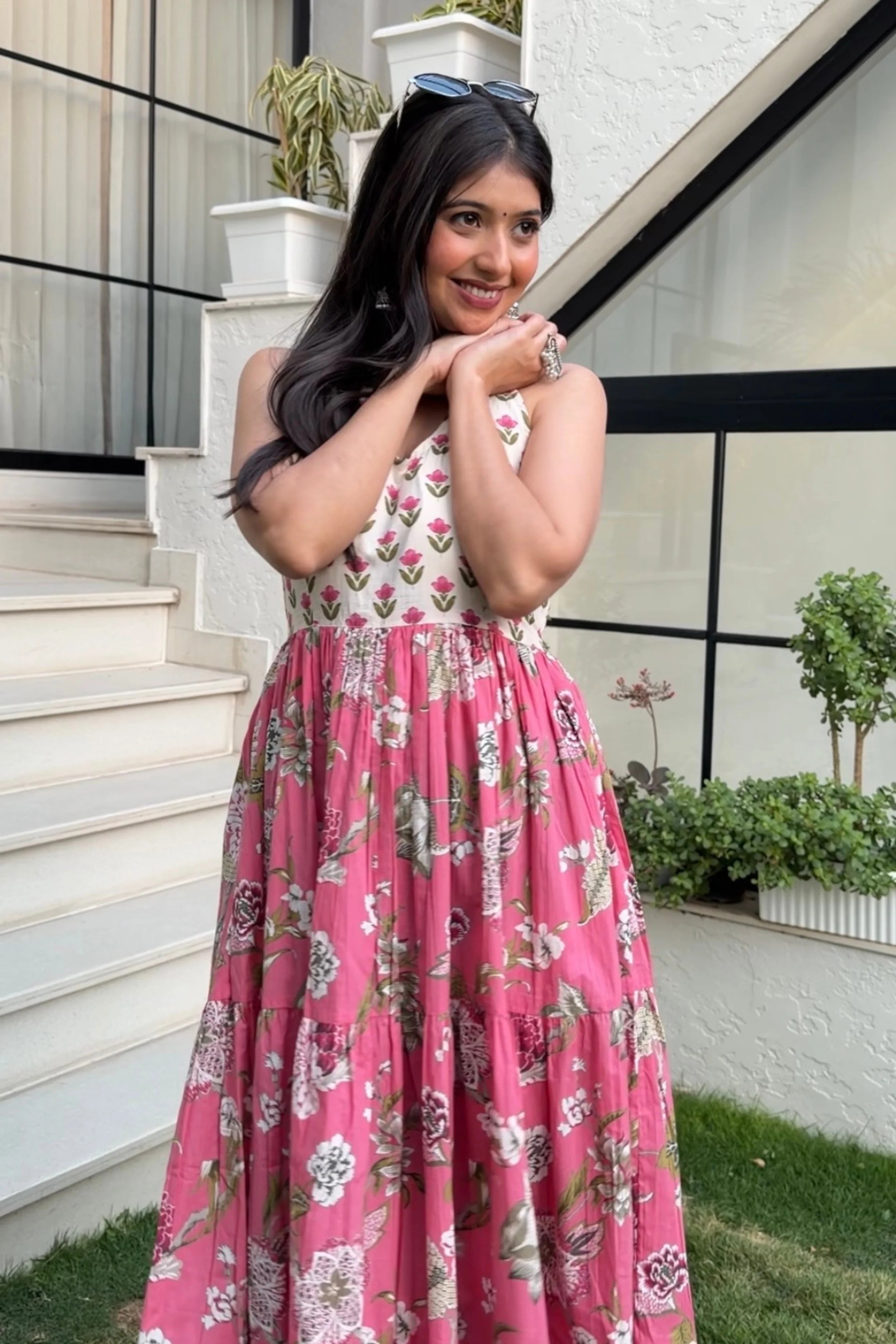 Pink Floral Hand Printed Halter Maxi Dress