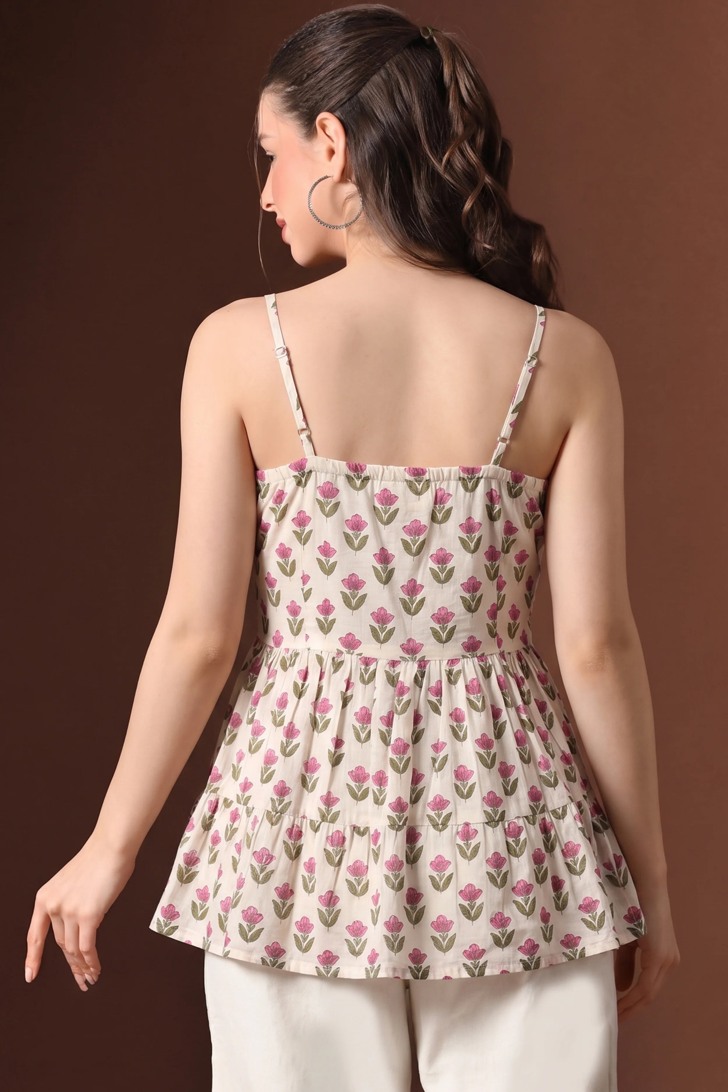 Pink Floral Hand Printed Cotton Spaghetti Top with Lining