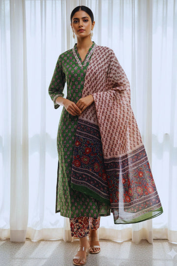 Green Hand Block Printed Straight cotton Kurta Set with Chiffon Dupatta