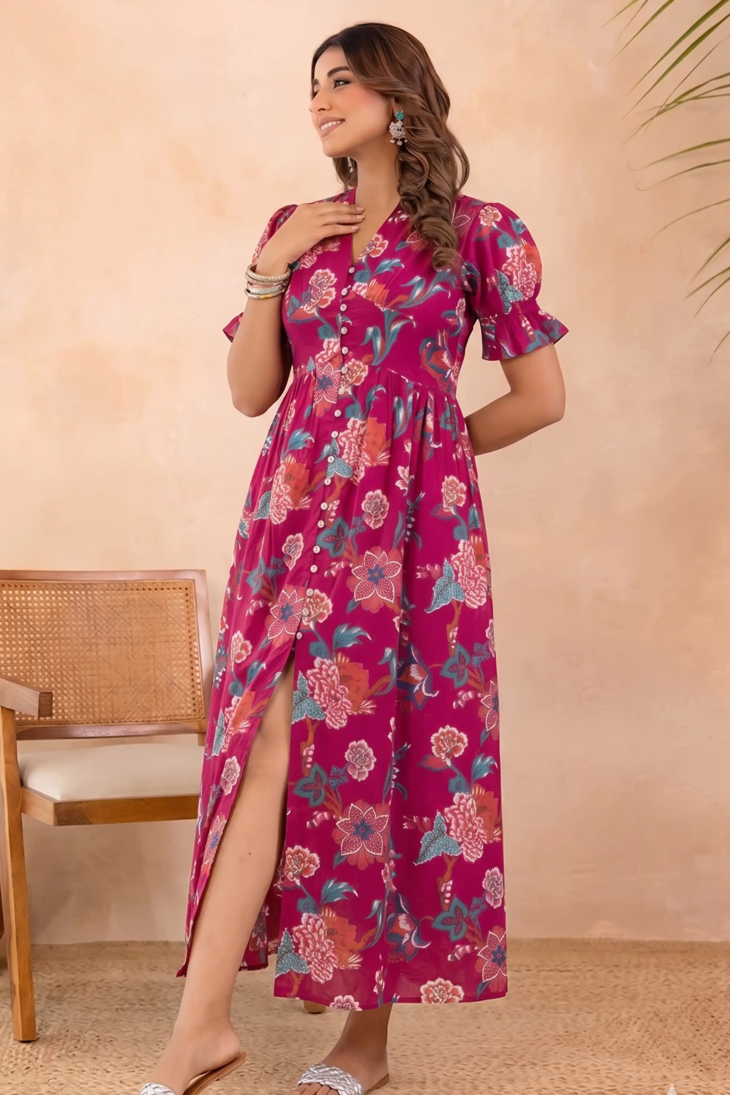 Pink Hand Printed V-Neck Front-Open Long Dress