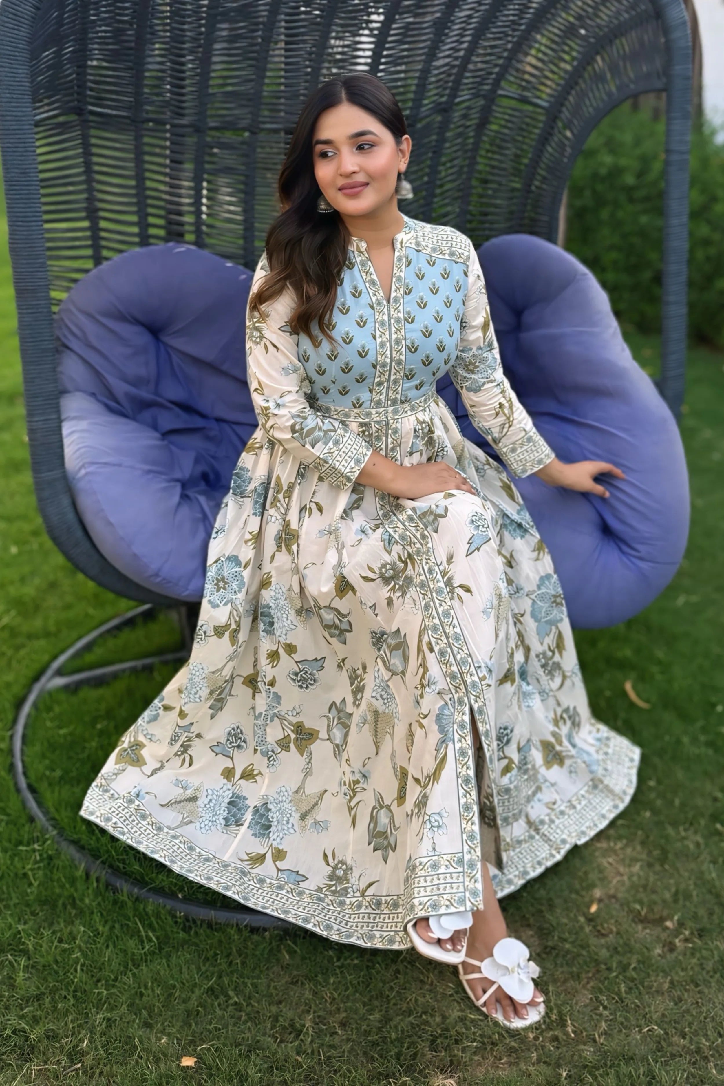 Sky Blue Anarkali Cotton Hand Block Printed Ethnic Maxi Dress