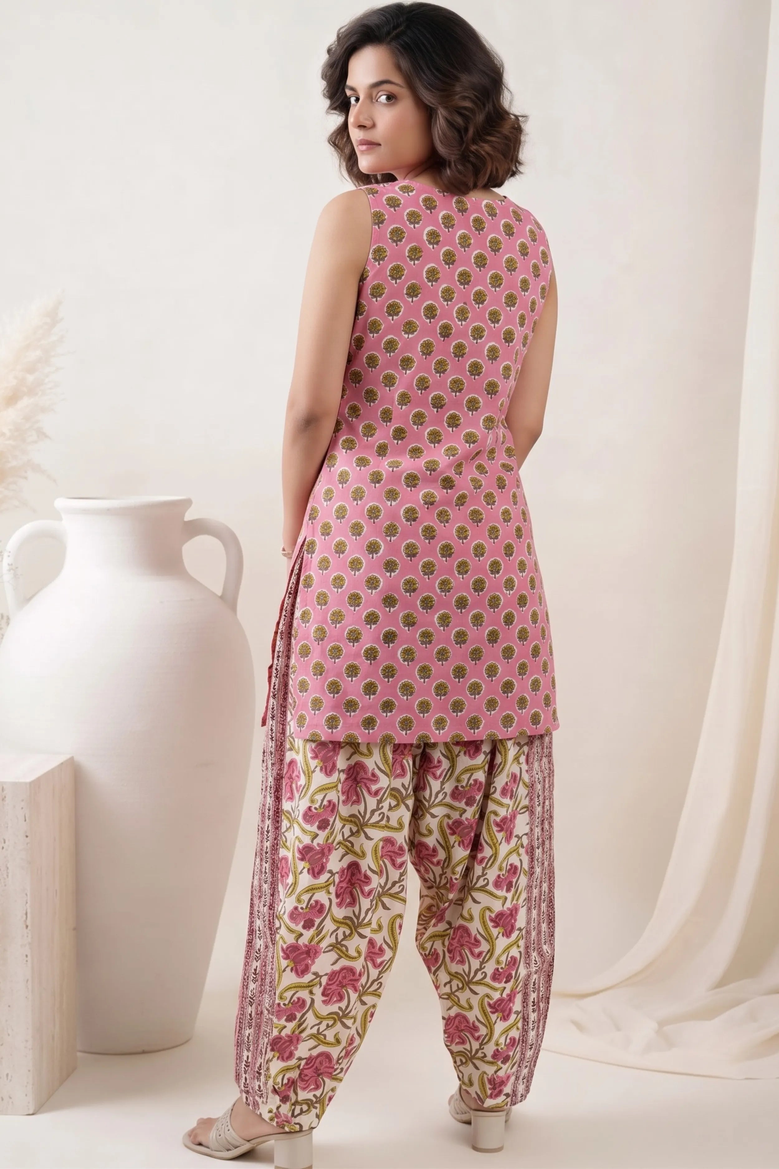 Pink Sleeveless Round Neck Kurti with Trouser