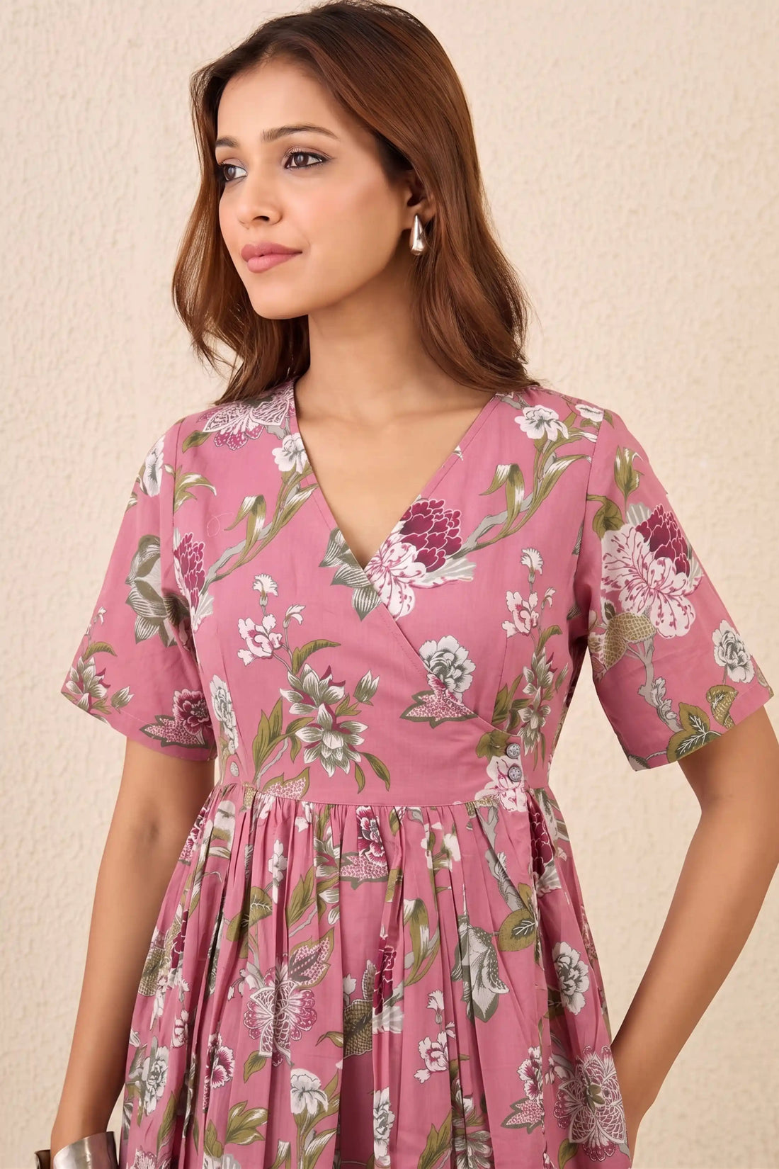Pink Hand Printed V-Neck Midi Dress In Angrakha style