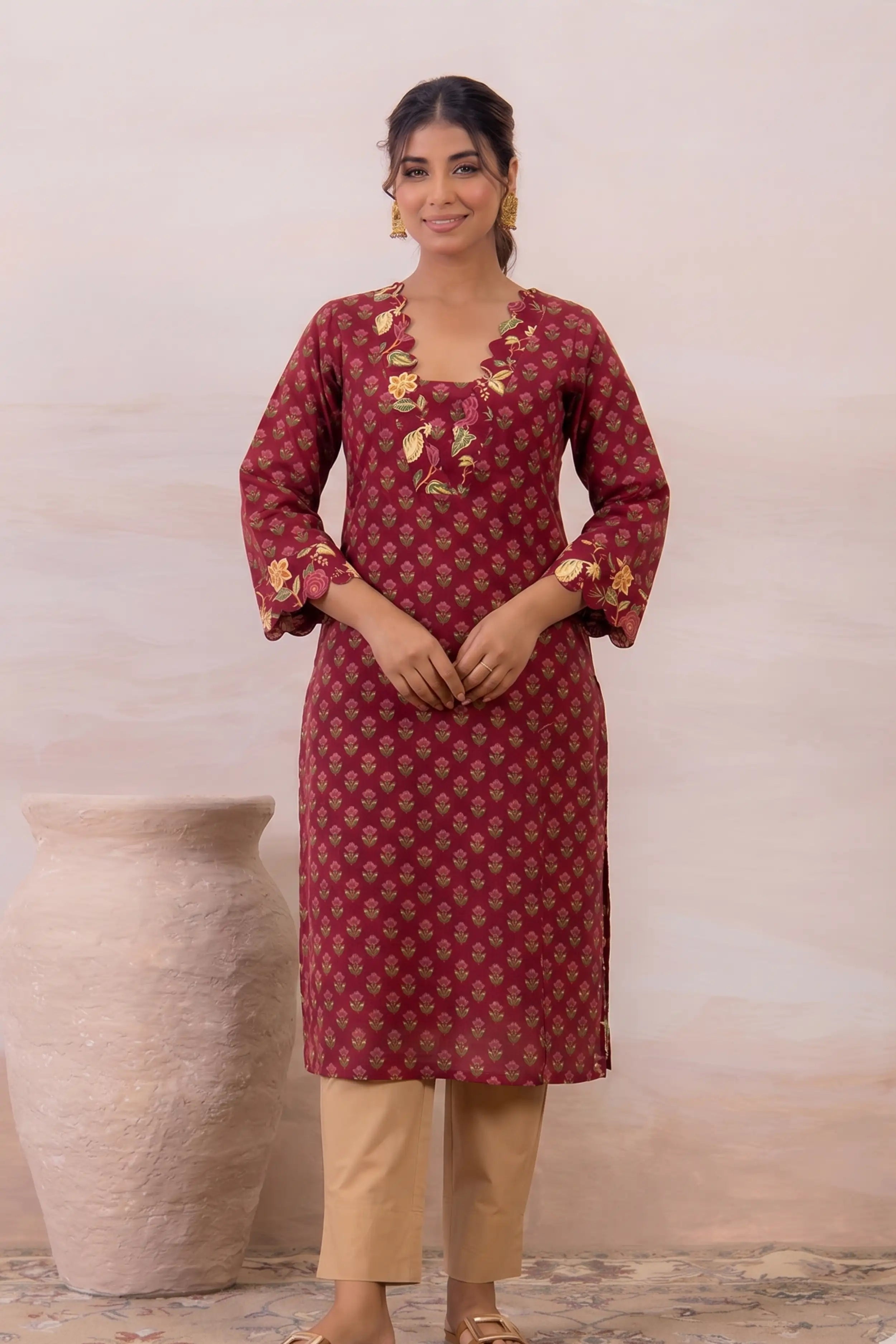 Wine Floral Printed Cotton Straight Kurta