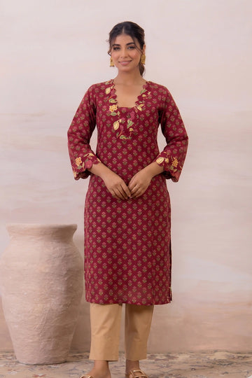 Wine Floral Printed Cotton Straight Kurta
