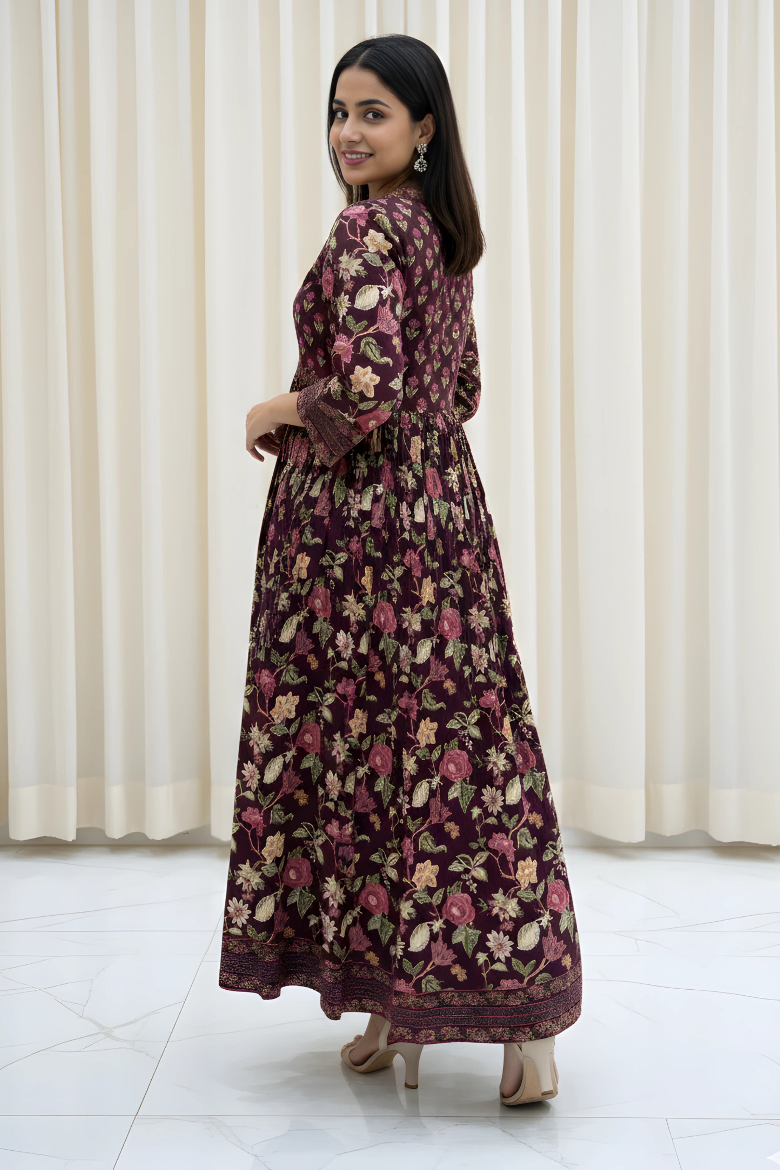 Burgundy Flared Anarkali Cotton Kurta with Floral Print
